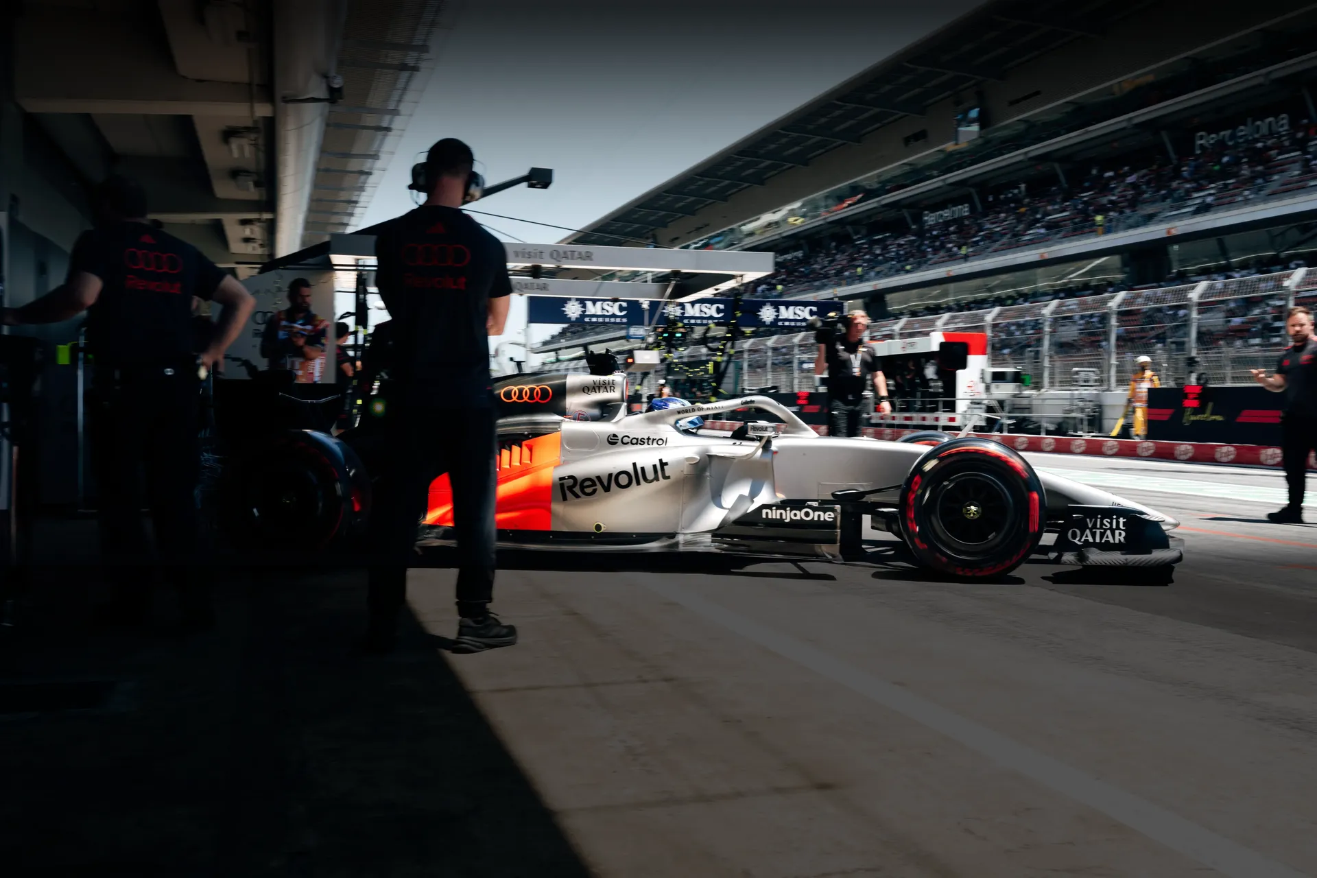 Audi Revolut F1® Team car R26 in front of the garage at the Barcelona Catalunya Grand Prix 2026