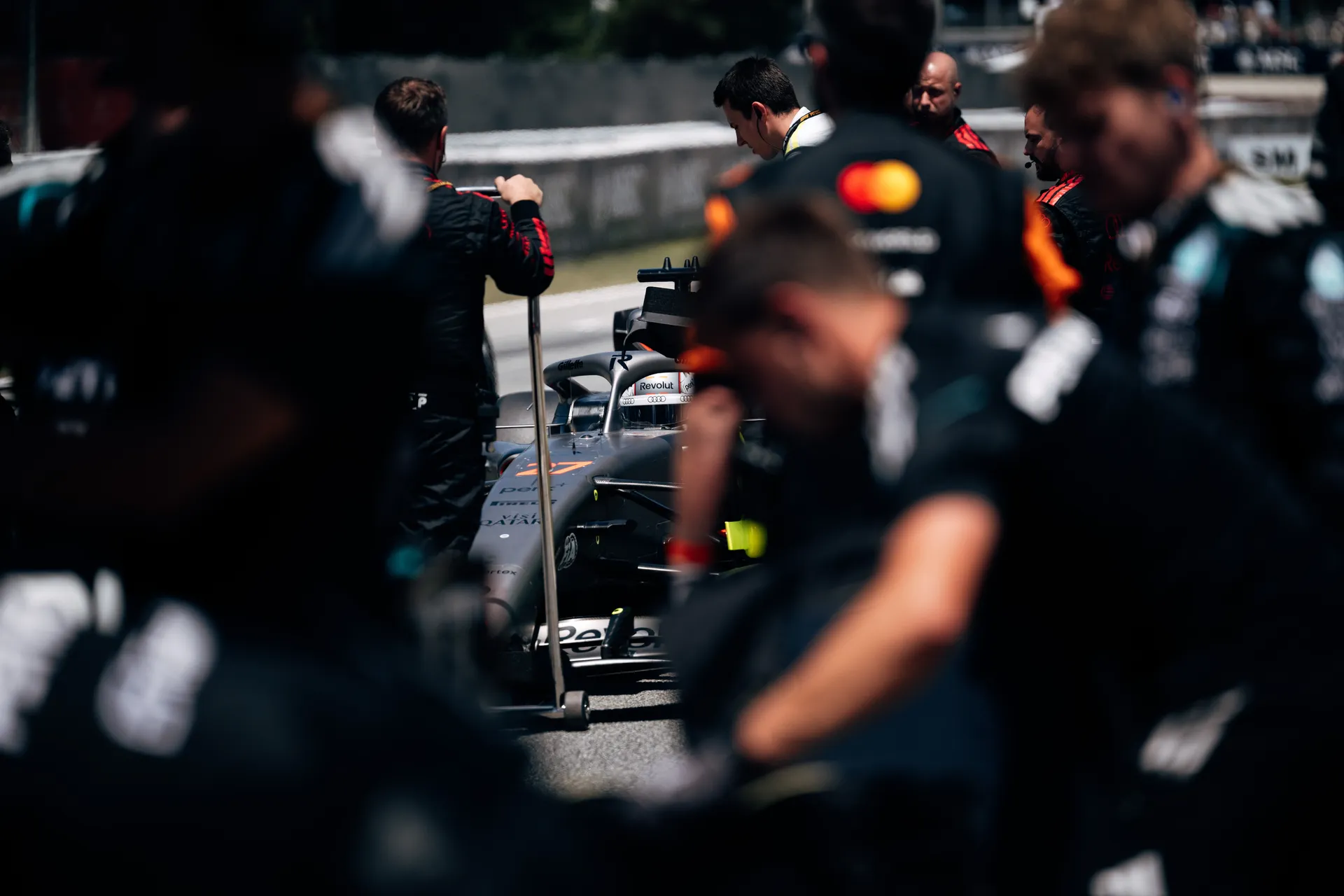 Audi R26 driven by Nico Hulkenberg racing at speed on track during the Barcelona Grand Prix.