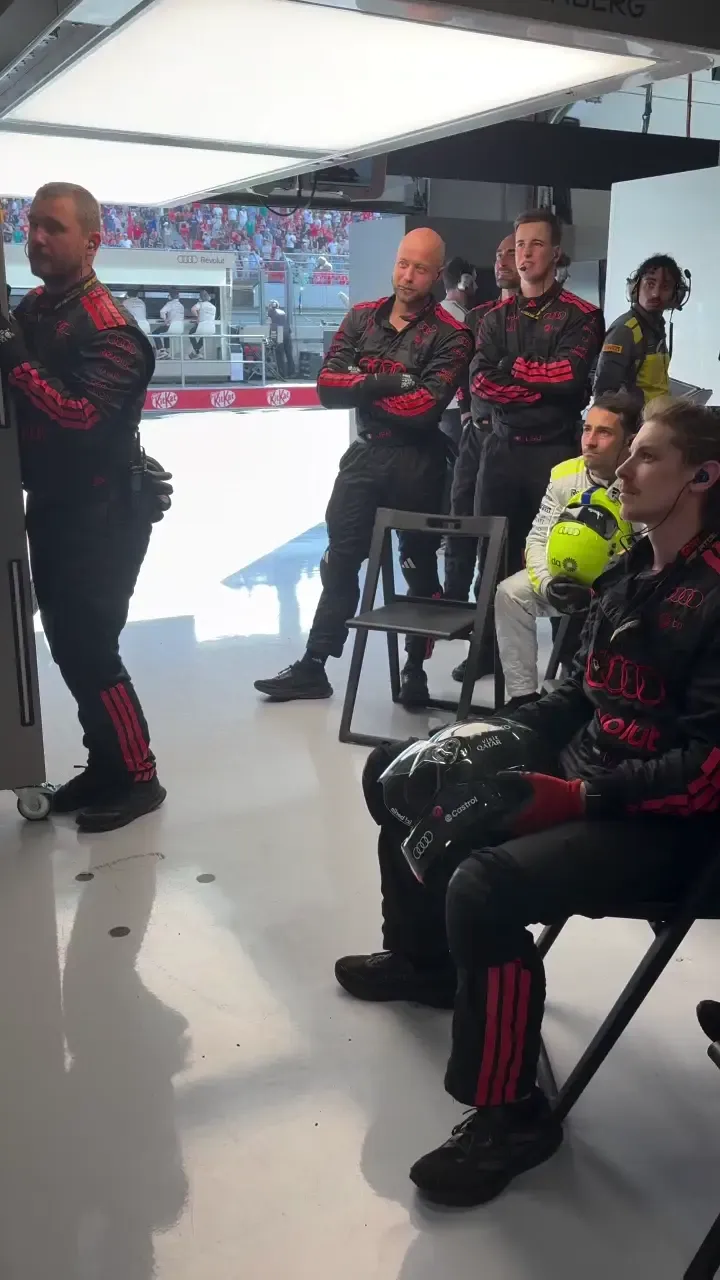 Audi Revolut F1® Team crew celebrating inside the garage at the Hungarian GP 2026 on race day