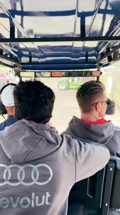 Audi Revolut F1® Team driver Nico Hulkenberg and Gabriel Bortoleto arriving at the Hungarian GP 2026 fan forum