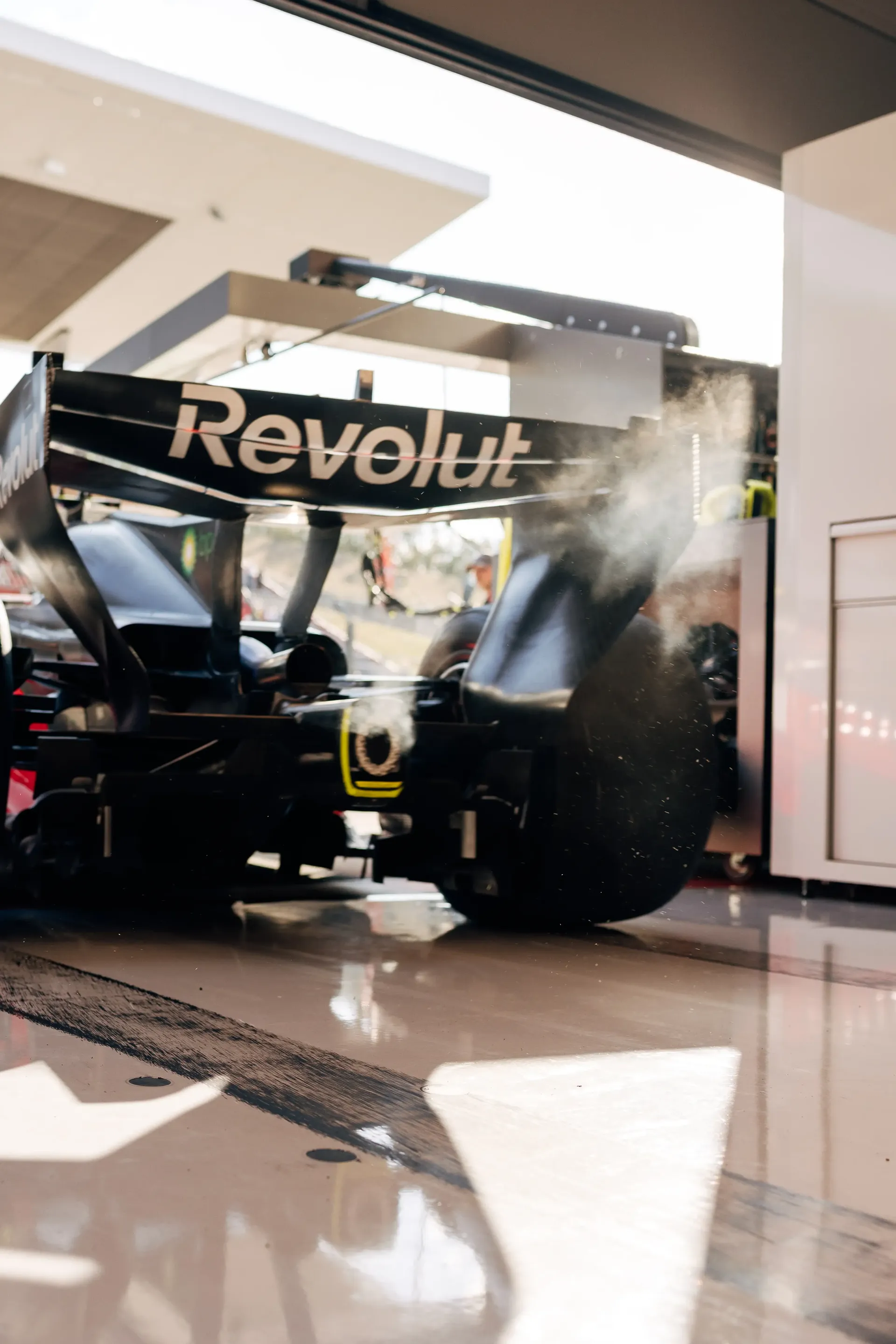 Rear view of the Audi Revolut F1® Team car Audi R26 inside the team garage before FP2 at the Hungaroring.