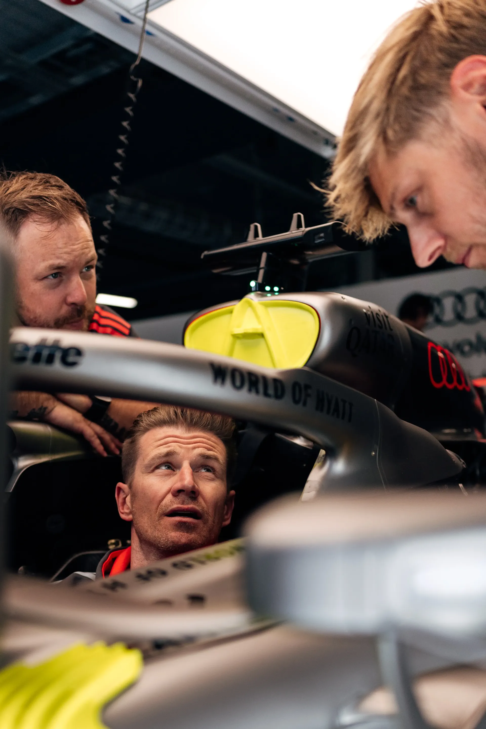 Audi Revolut F1® Team engineers work with Nico Hulkenberg during driver installation ahead of FP1 at the Hungaroring.