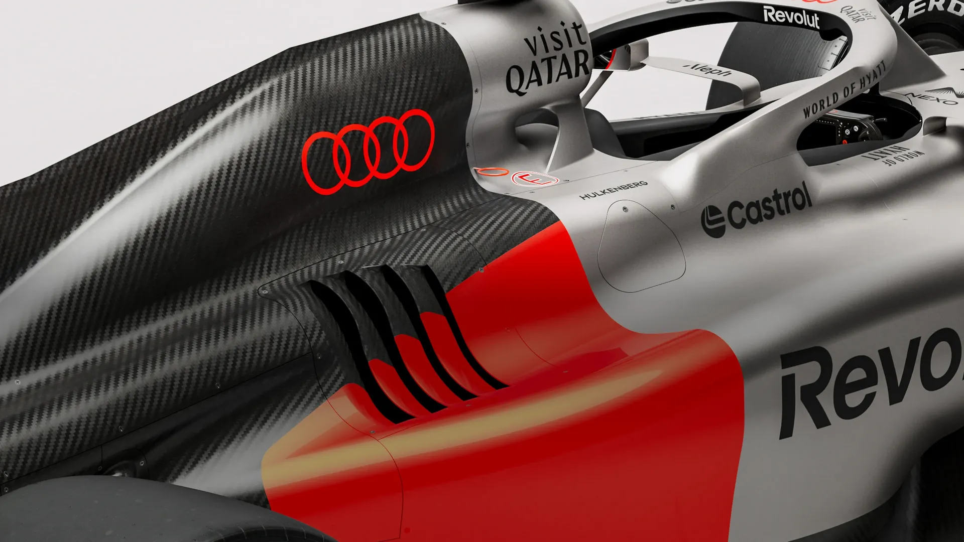 Rear close up side view of the Audi Revolute F1 Team R26 car in studio