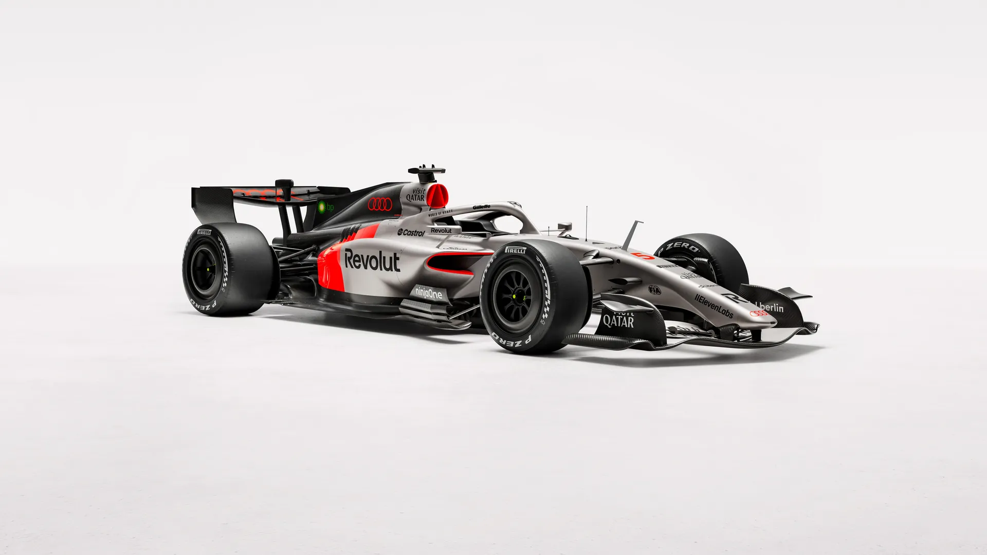 Front side view of the Audi Revolute F1 Team R26 car in studio