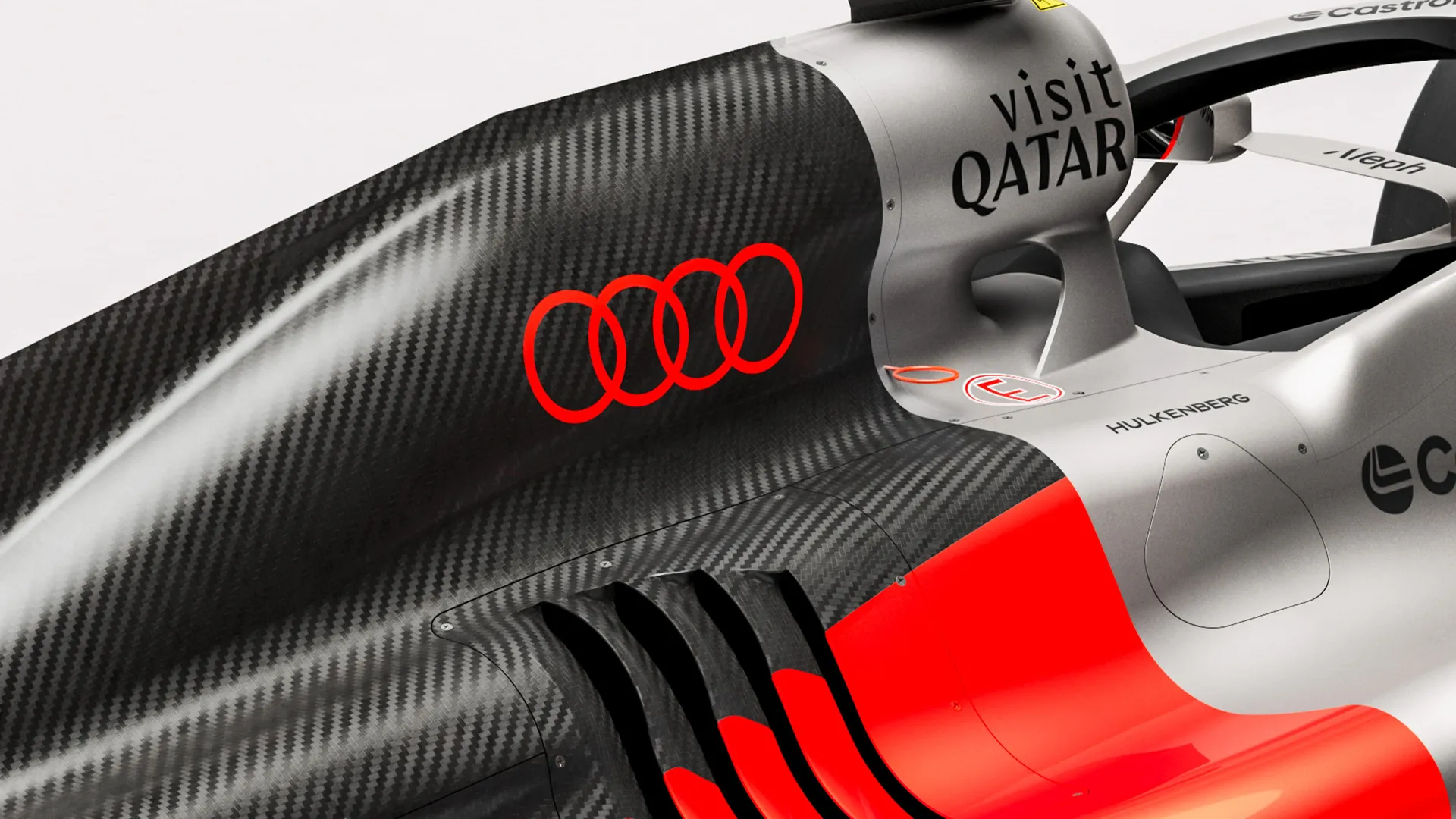 Rear close up side view of the Audi Revolute F1 Team R26 car in studio