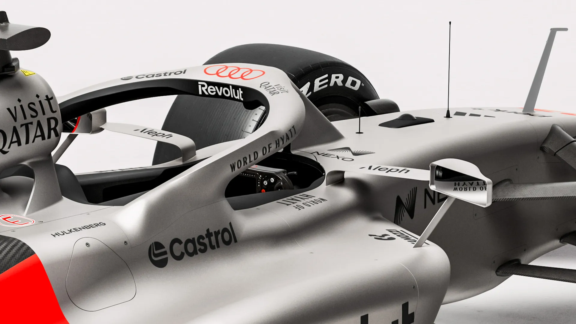 Rear close up Side view of the Audi Revolute F1 Team R26 car in studio