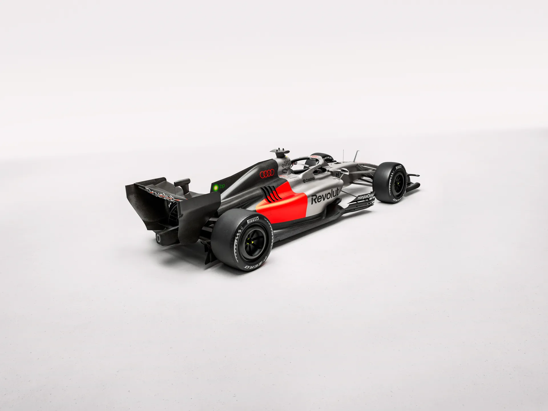Rear side view of the Audi Revolute F1 Team R26 car in studio