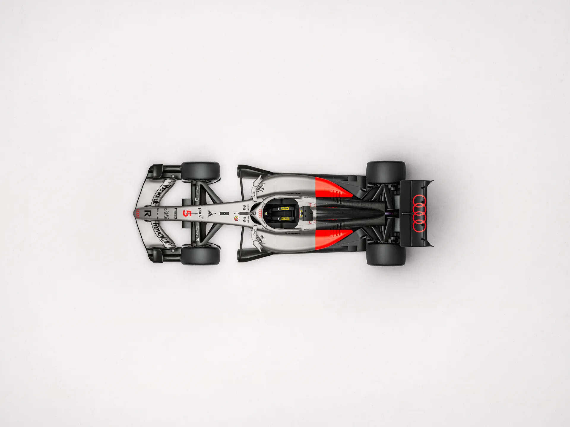 Top view of the Audi Revolute F1 Team R26 car in studio