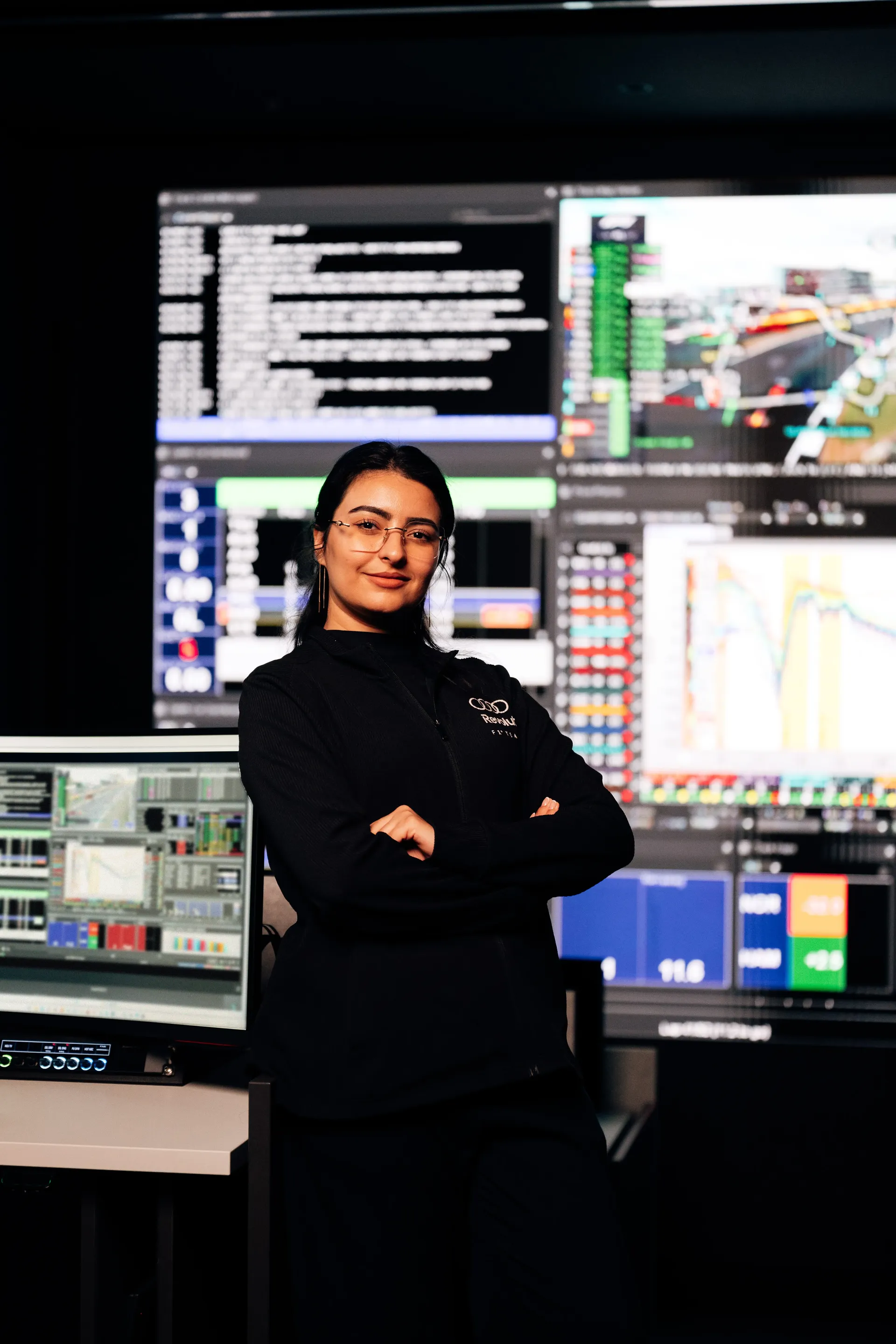 Portrait of Khawla, IT Infrastructure Engineer at the Audi Revolut F1® Team, standing in front of Mission Control monitoring screens that support Formula 1® race operations.