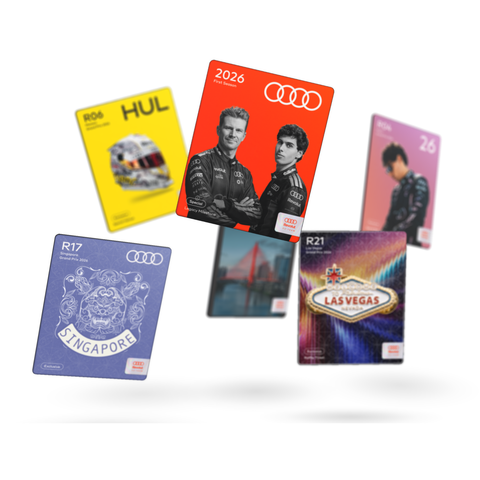 Audi Revolut F1® Team Cards hovering over the floor.