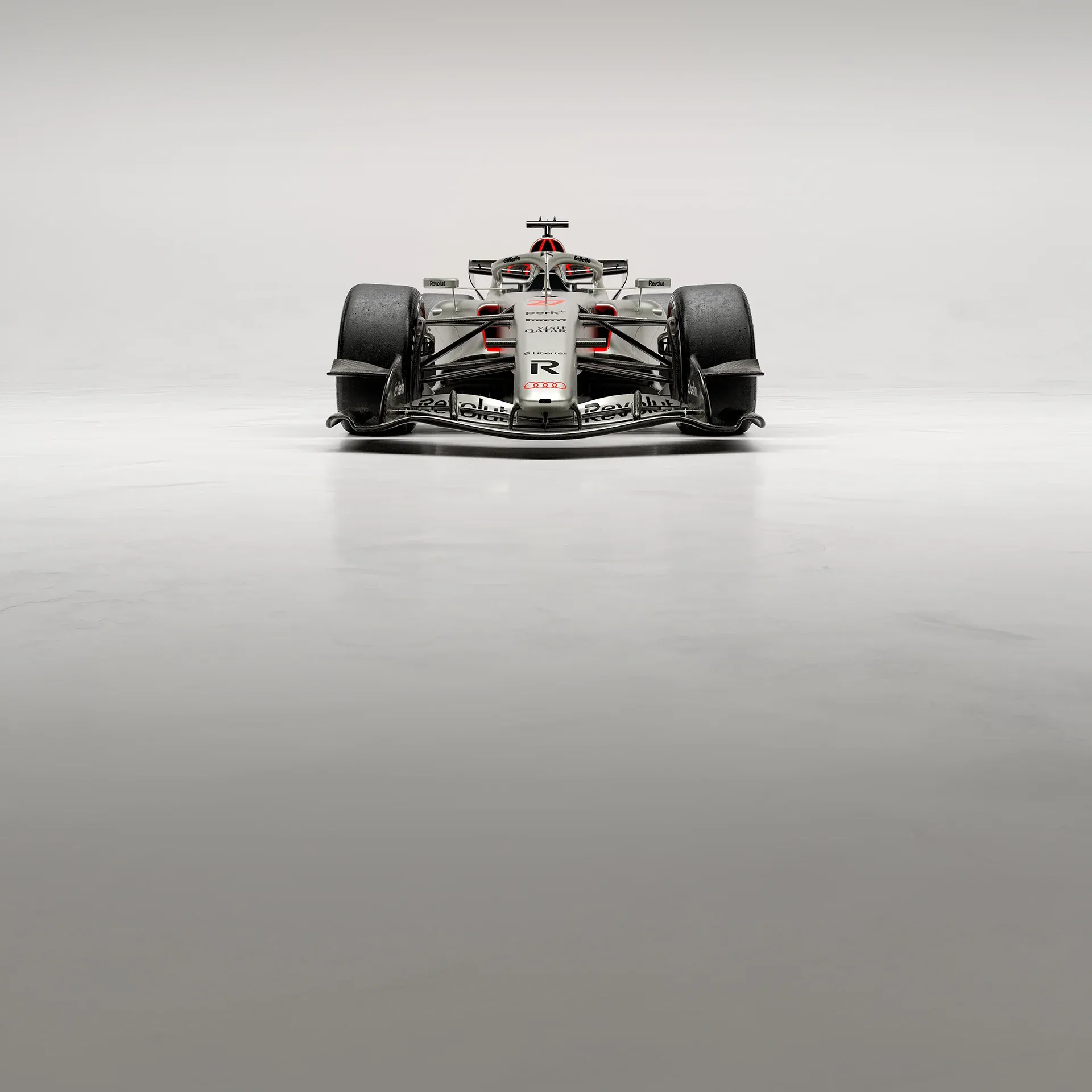 Front view of the Audi Revolut F1® Team car R26 in the Studio