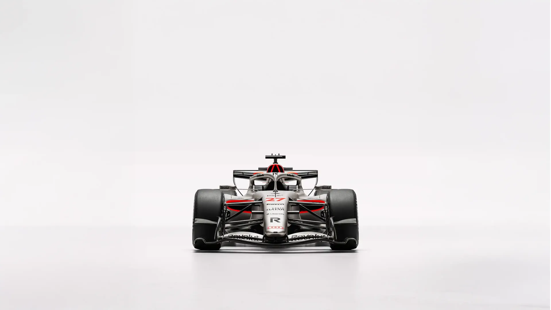 Frontal hero view of the Audi Revolut F1® Team R26 car in studio