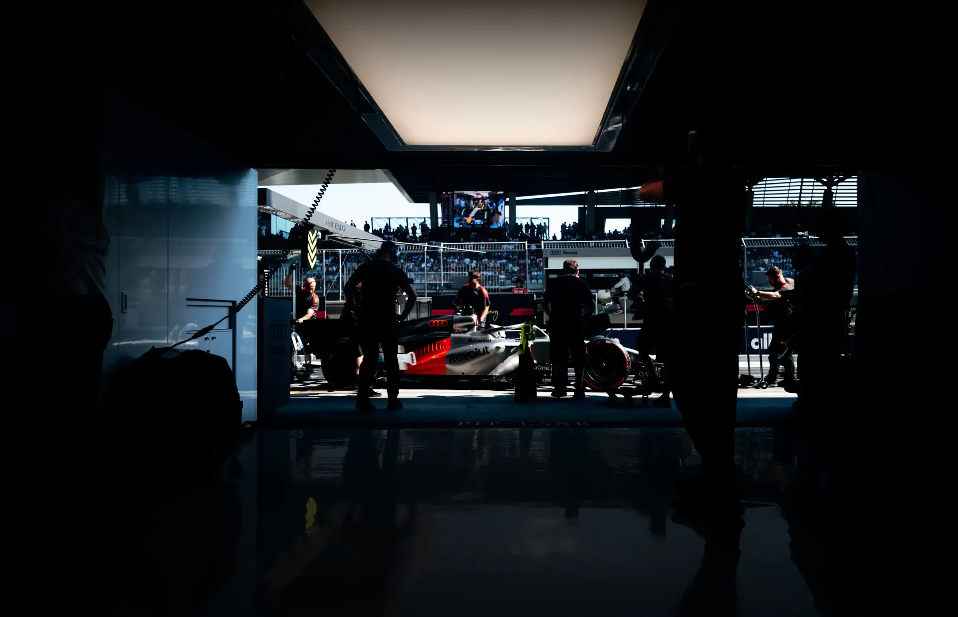 Inside view of the Audi Revolut F1® Team garage at the Austrian Grand Prix 2026