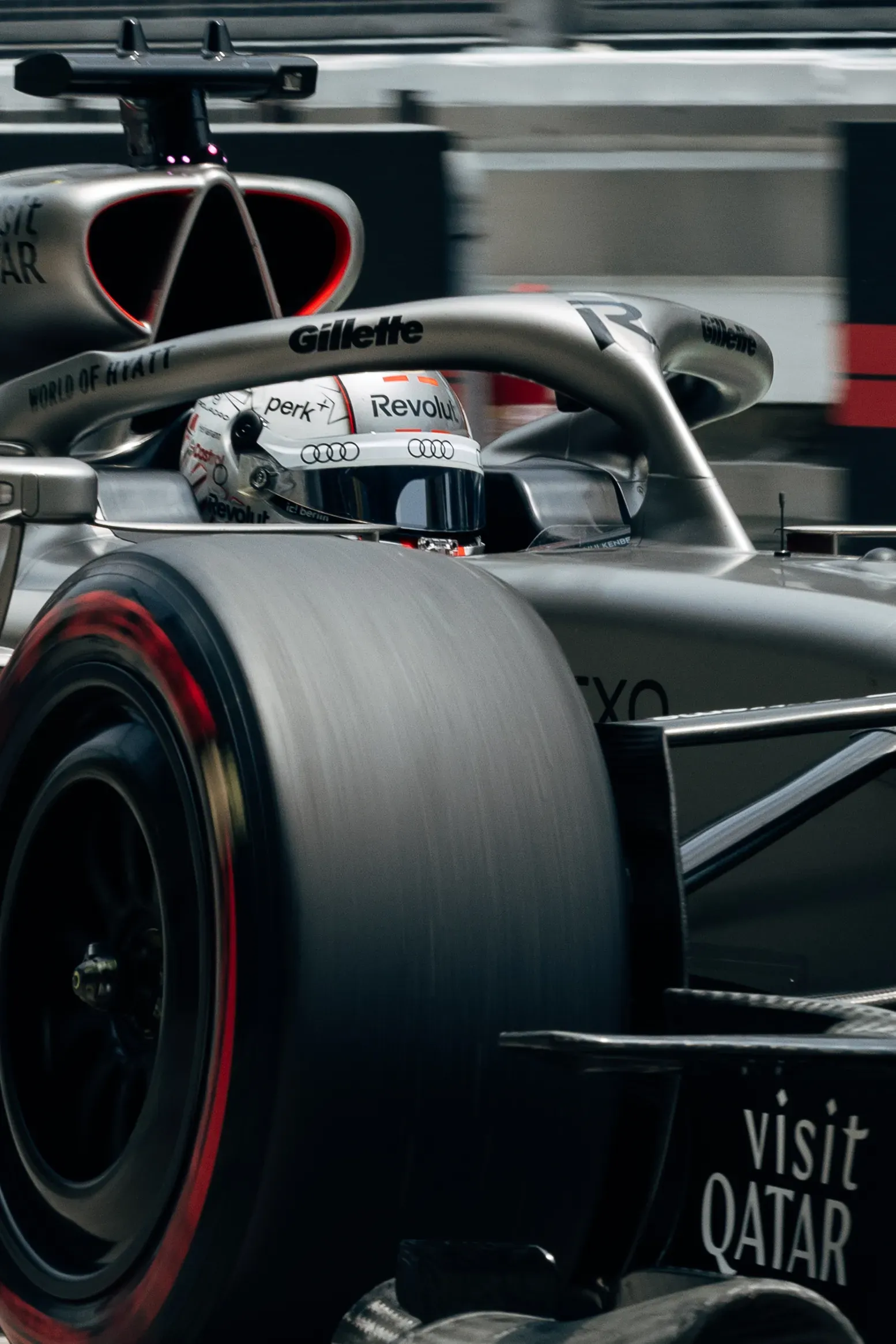 Cockpit close up of Nico Hulkenberg driver at Audi Revolut F1® Team inside the Audi R26 on track at Bahrain International Circuit