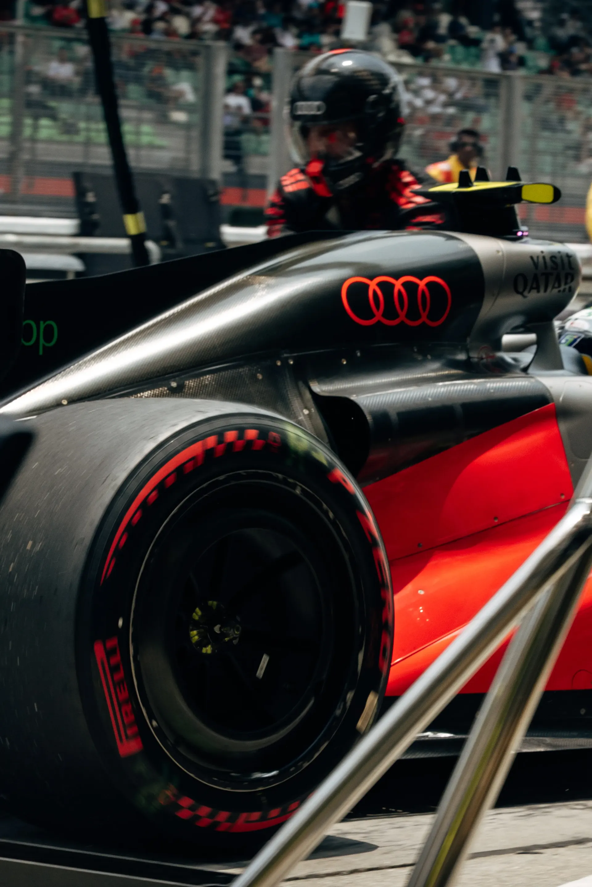 Rear view of the Audi Revolut F1® Team car R26 on track at Bahrain International Circuit