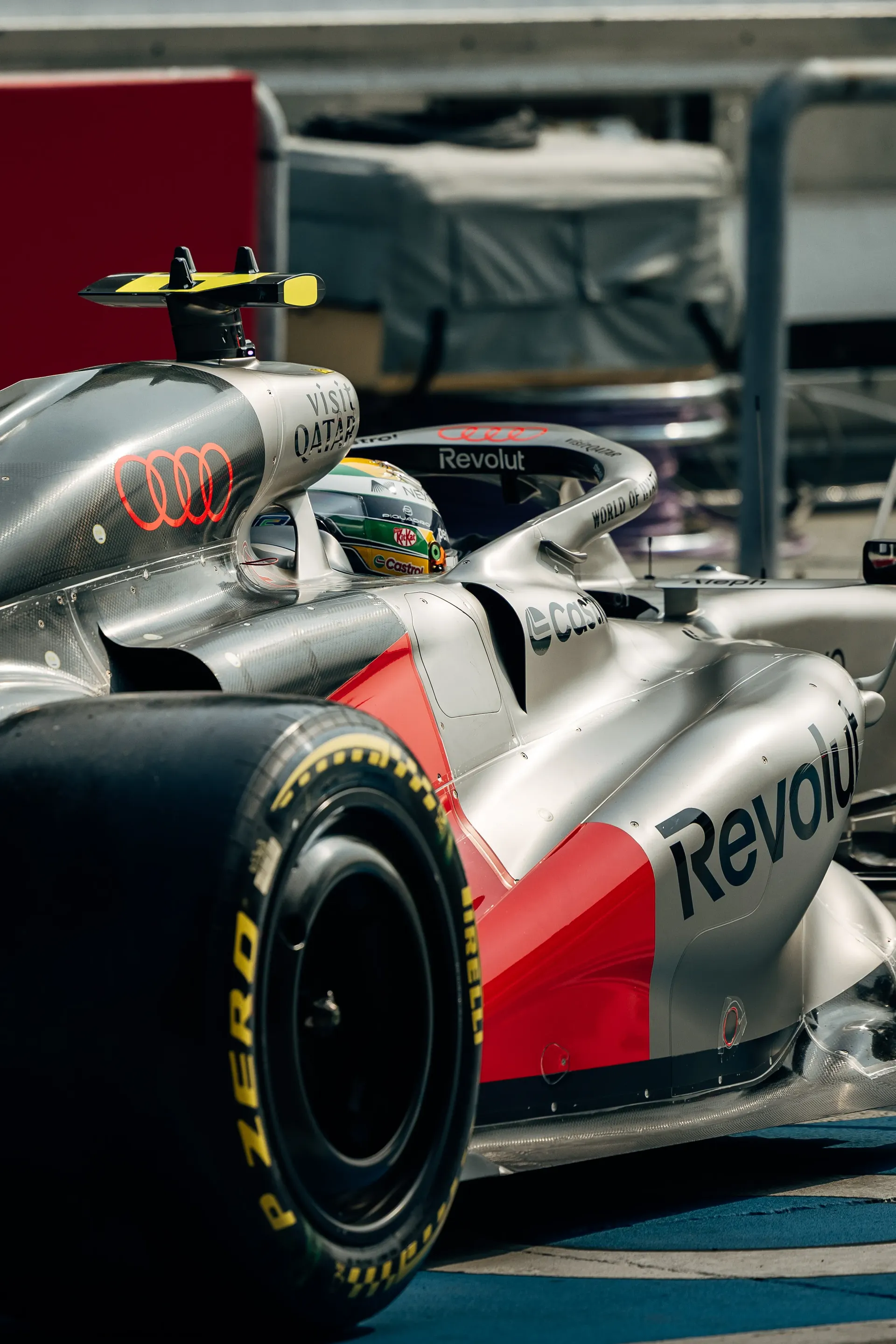 Rear close up of the Audi Revolut F1® Team car R26 on track during qualifying in Bahrain