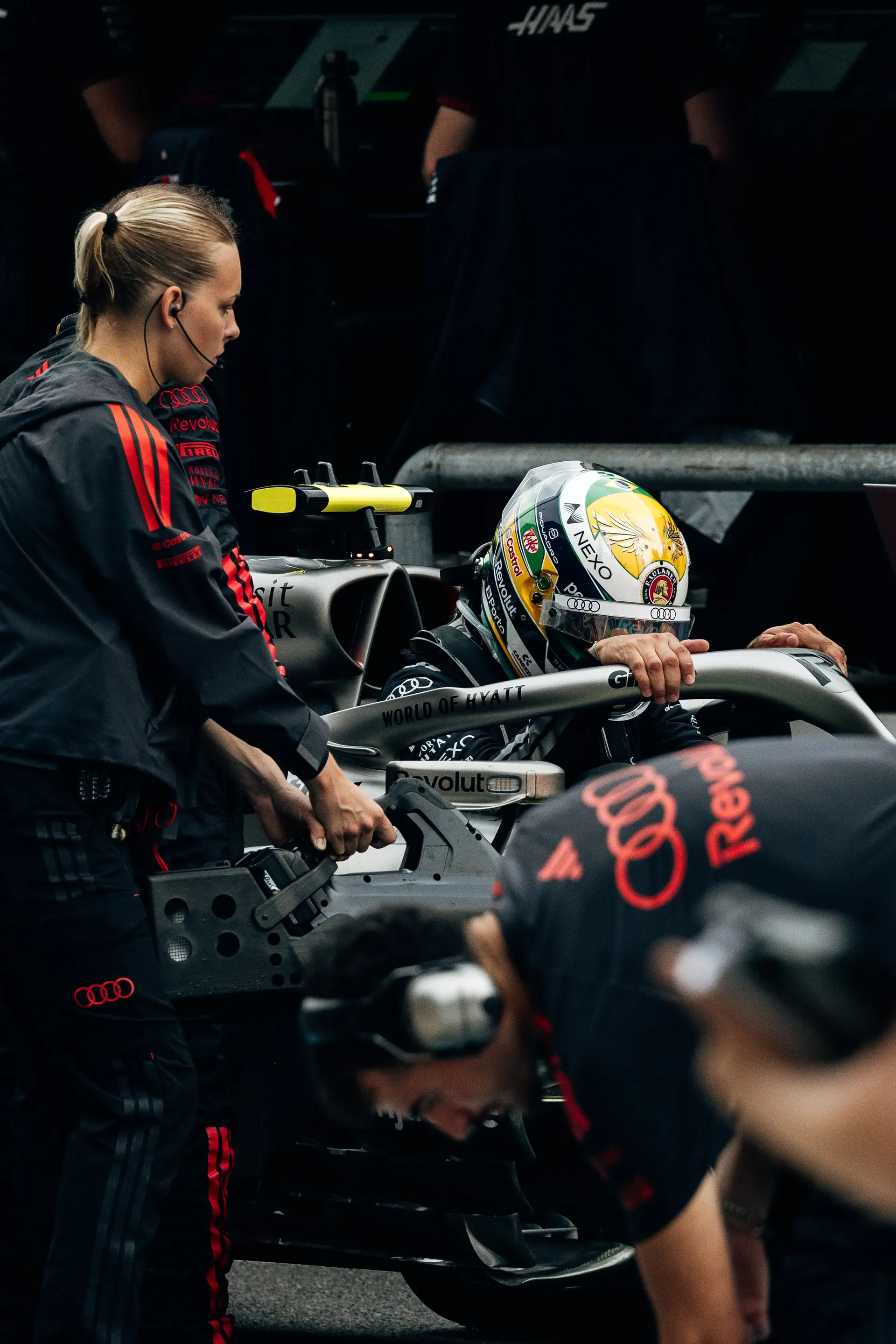 Audi Revolut F1® Team mechanics preparing Gabriel Bortoleto in the garage
