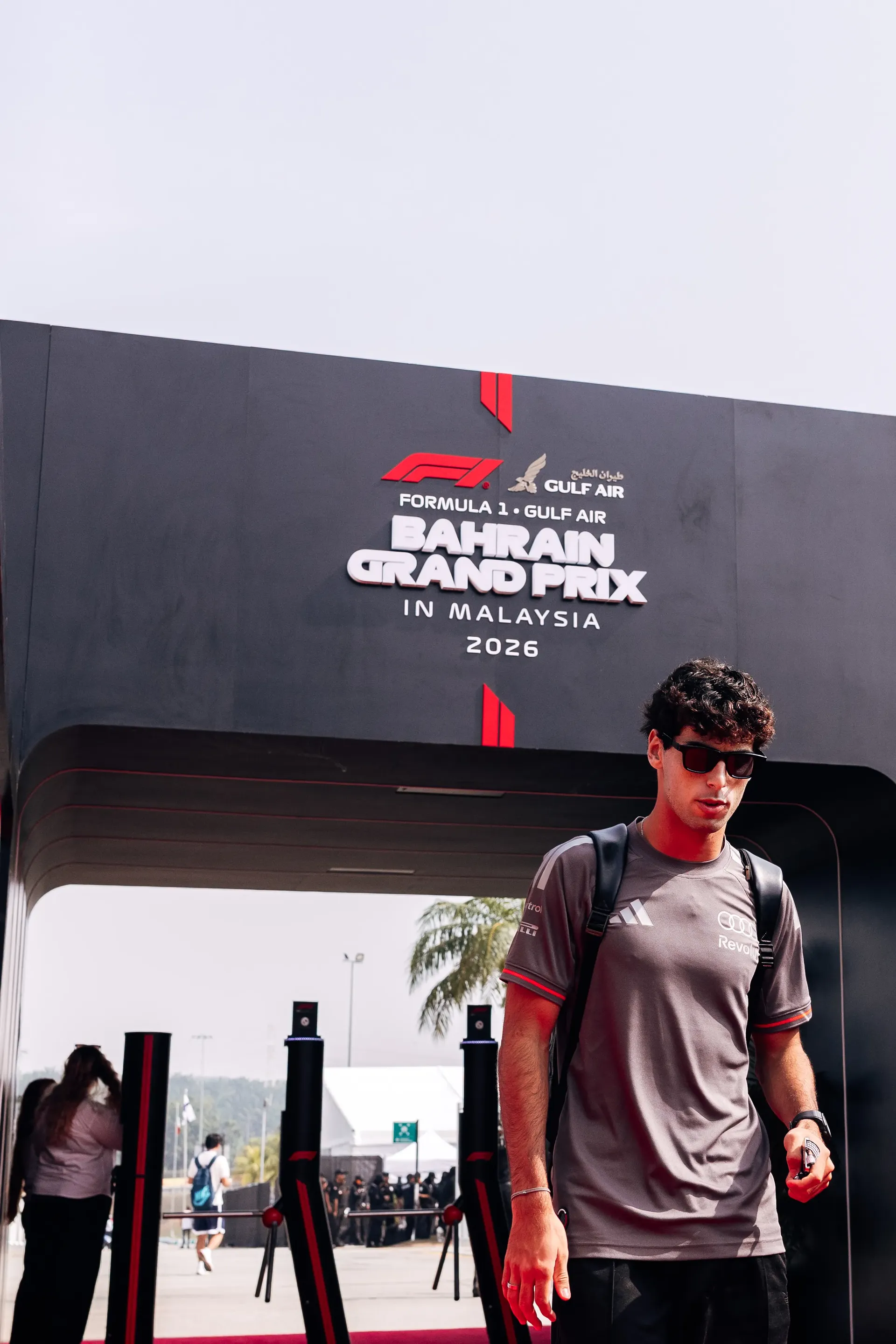 Audi Revolut F1® Team driver Gabriel Bortoleto arriving at the Bahrain Grand Prix