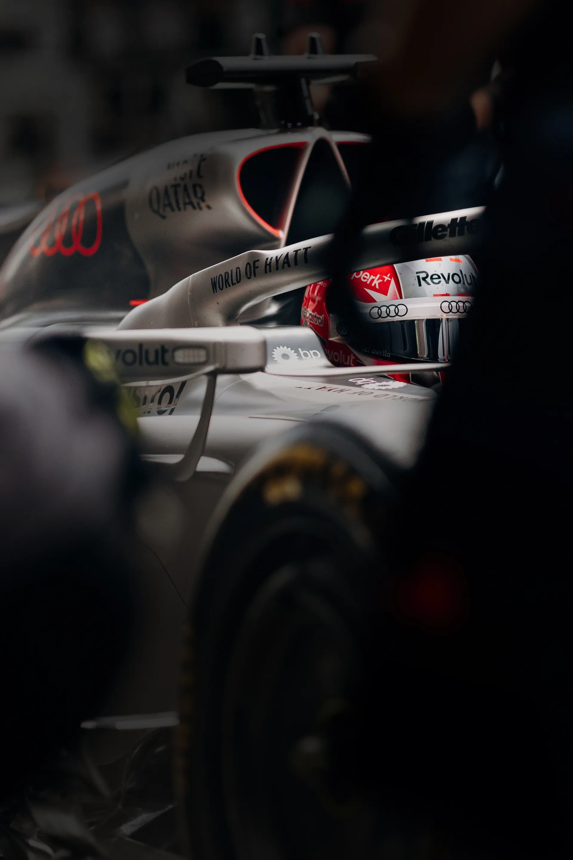 Cockpit close-up of Nico Hulkenberg isnide the Audi Revolut F1® Team car Audi R26 at the Belgian Grand Prix 2026