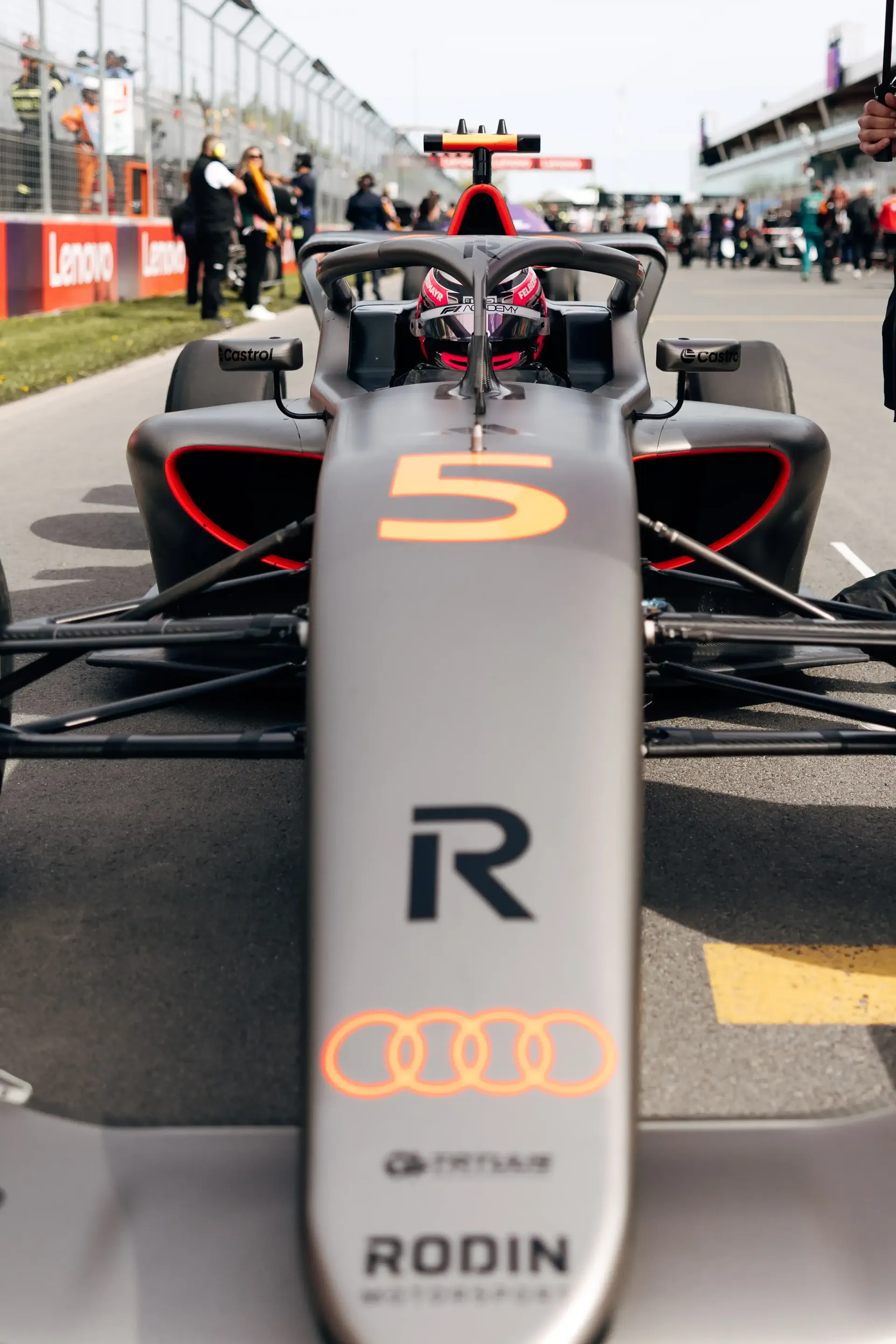 Close up of Emma Felbermayr inside the cockpit of the Audi Revolut F1® Team Academy car at the Canadian Grand Prix 2026