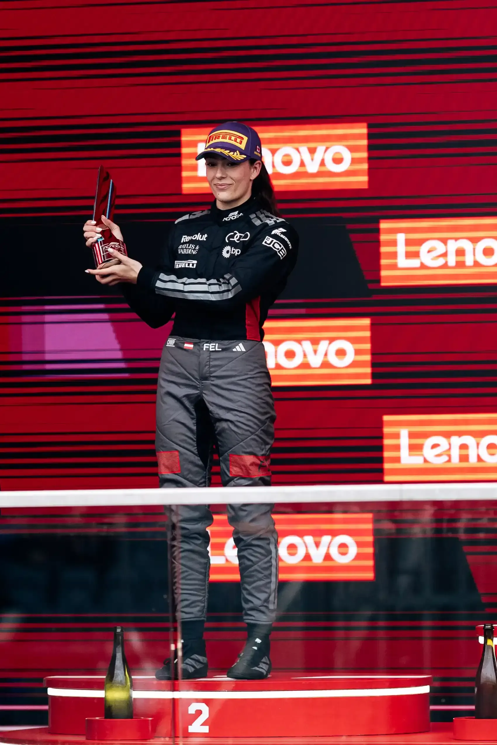 Emma Felbermayr driver at the Audi Revolut F1® Team Academy cheering on the podium P2 at the Canada Grand Prix 2026 on racing day