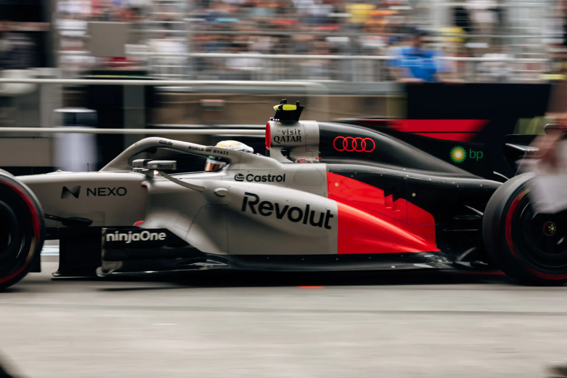 Side view of the Audi Revolut F1® Team car R26 at the Canada Grand Prix 2026