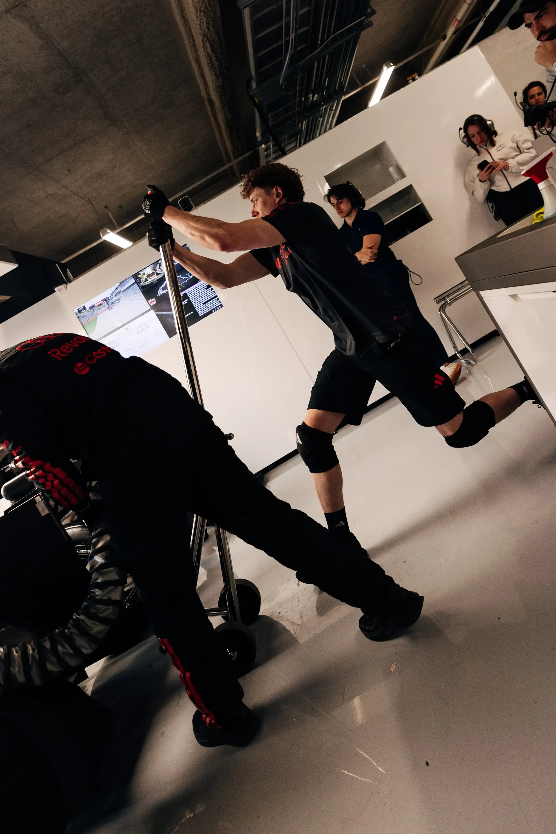 Audi Revolut F1® Team crew mechanics inside the garage at the Canada Grand Prix 2026