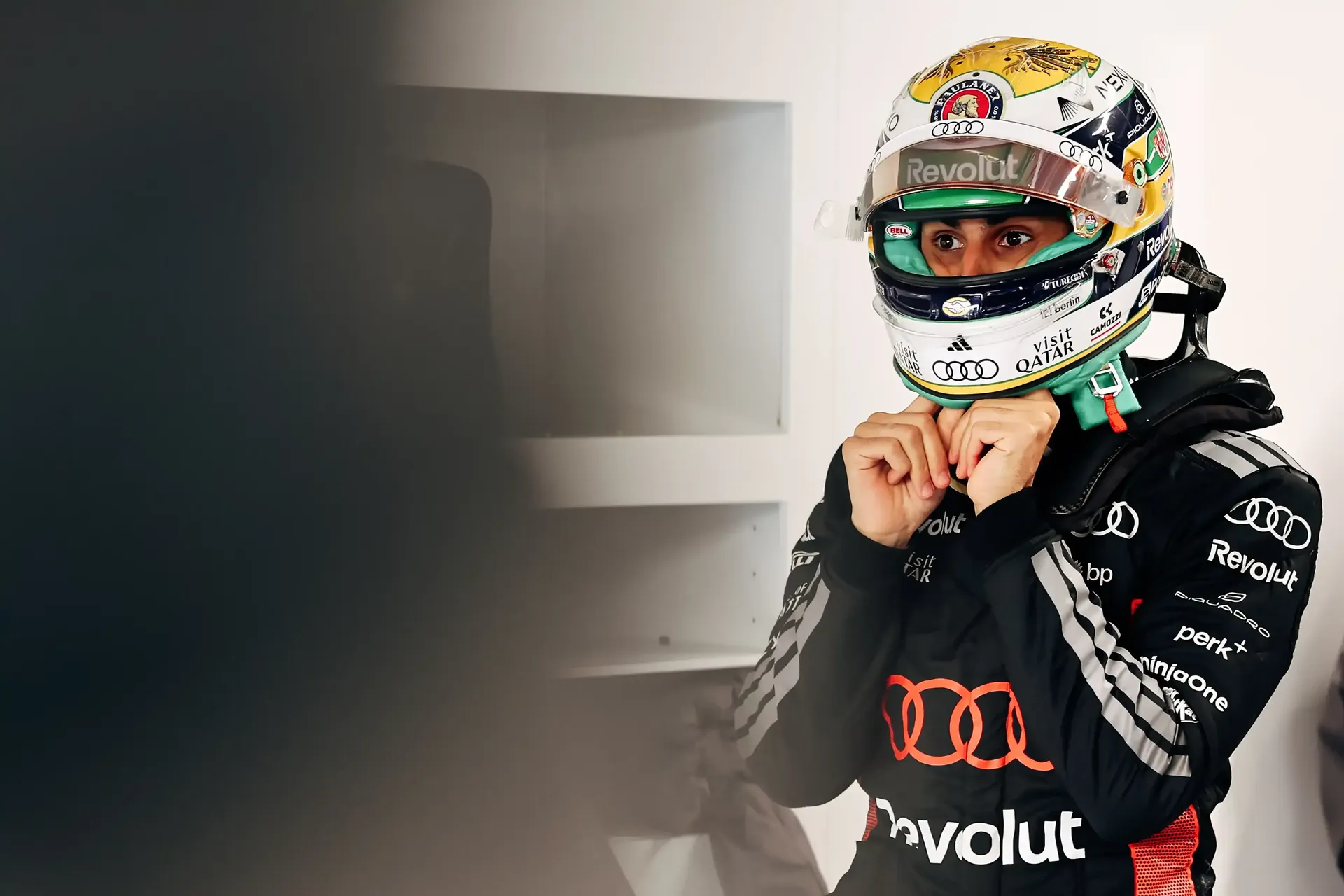 Gabriel Bortoleto driver at the Audi Revolut F1® Team inside the garage at the Canada Grand Prix 2026