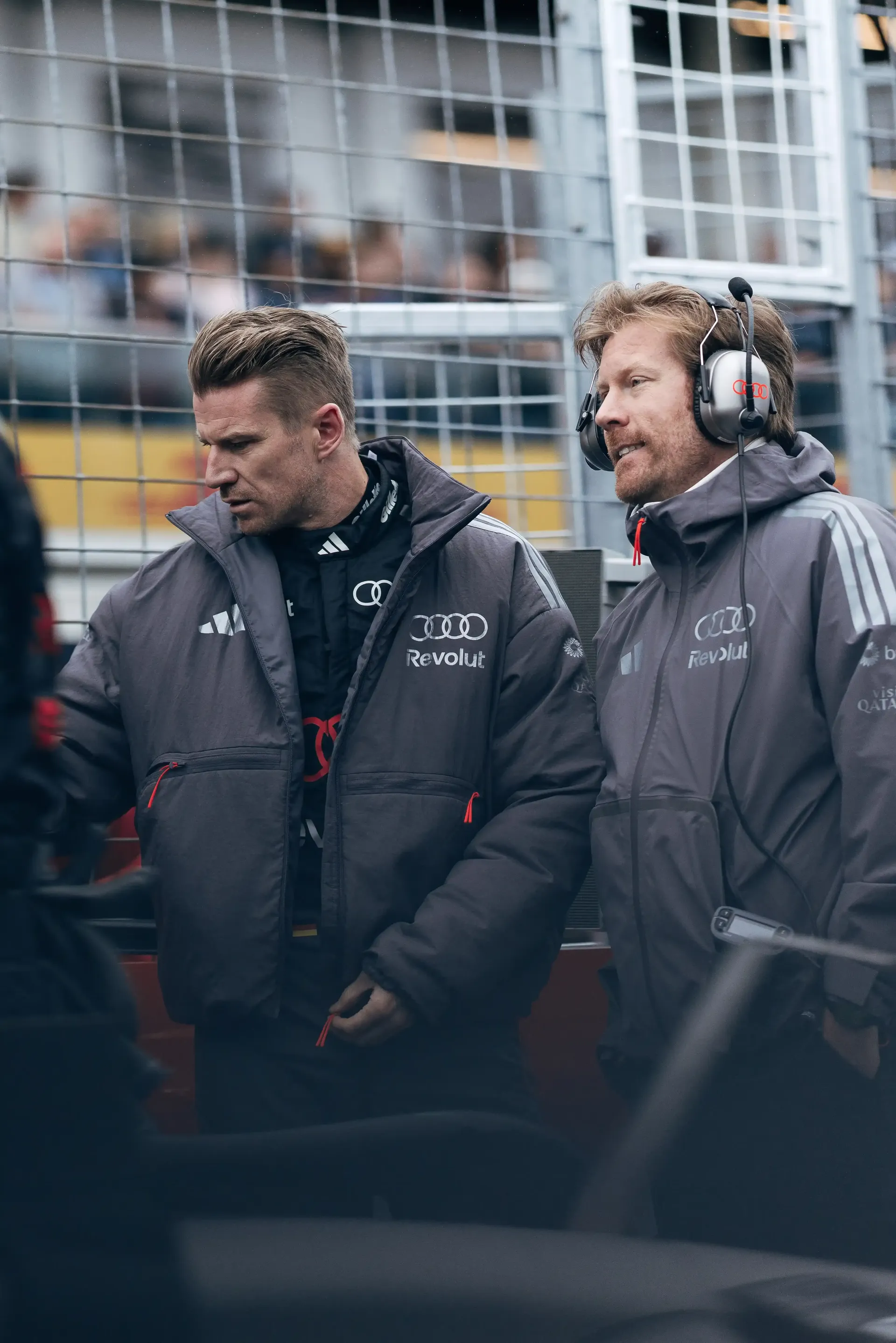 Close up of Nico Hulkenberg driver at the Audi Revolut F1® Team talking to crew engineer on track at the Canada Grand Prix 2026