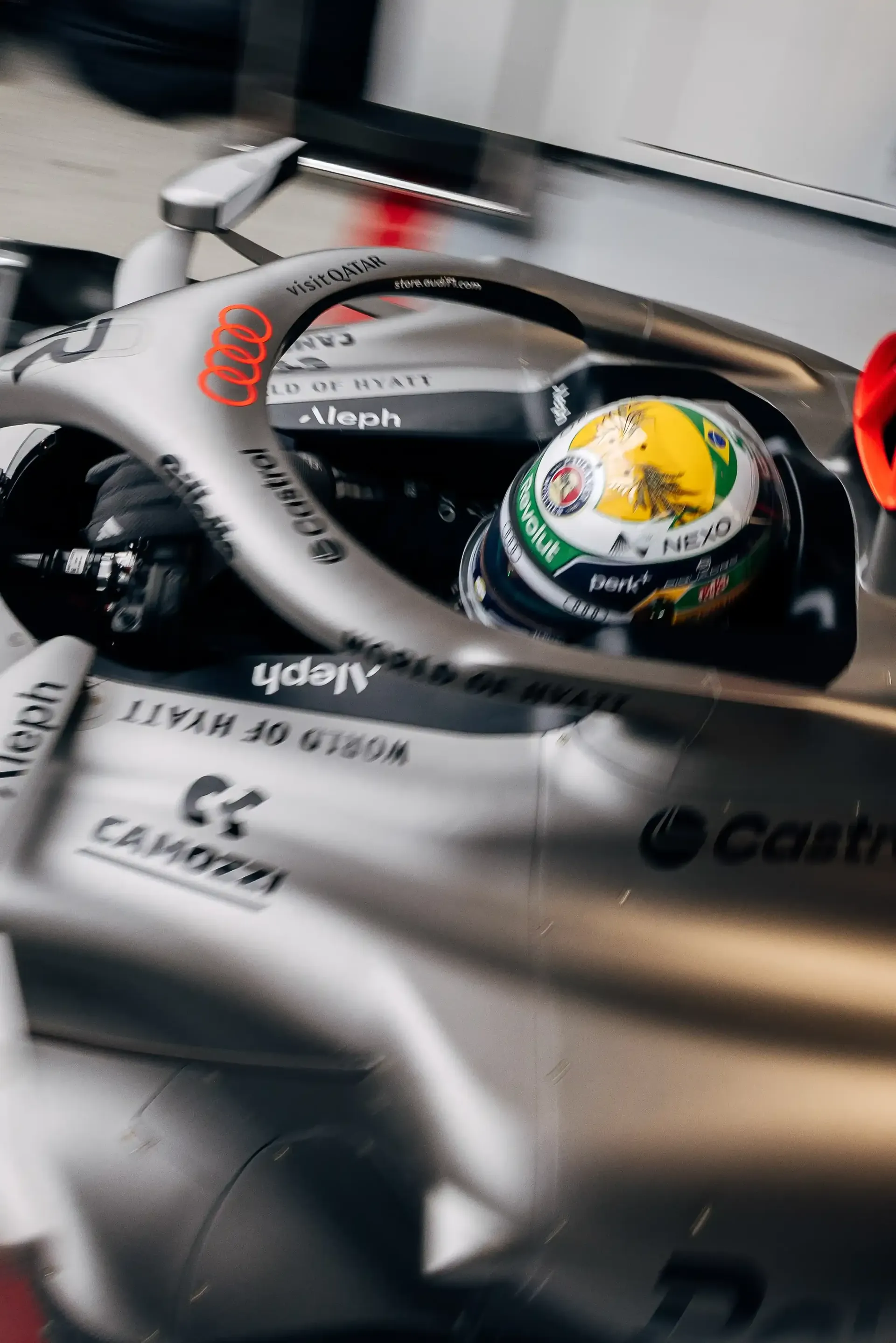 Close up of Gabriel Bortoleto driver at the Audi Revolut F1® Team inside the garage at the Canada Grand Prix 2026