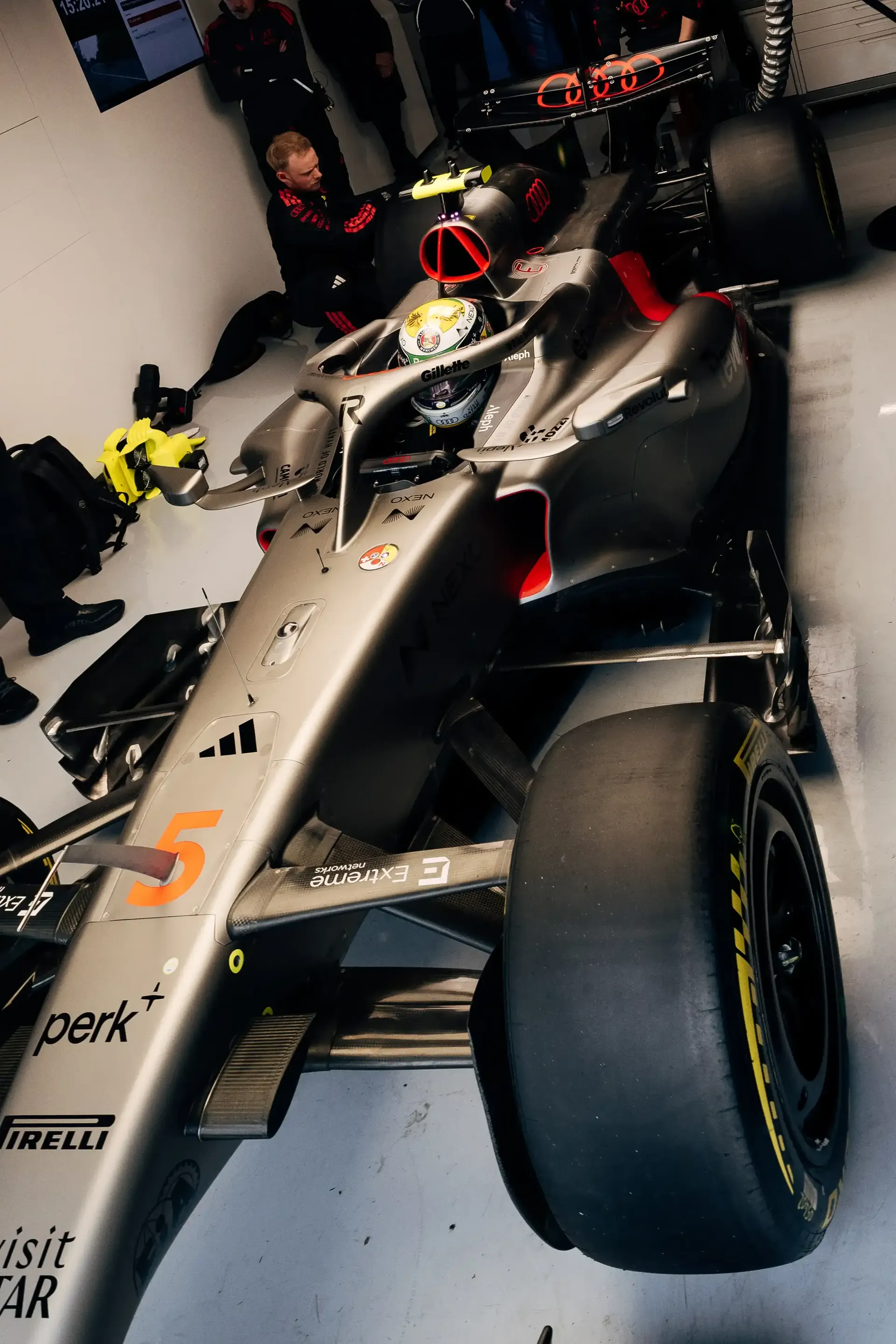 Close up of Gabriel Bortoleto driver at the Audi Revolut F1® Team inside the garage at the Canada Grand Prix 2026