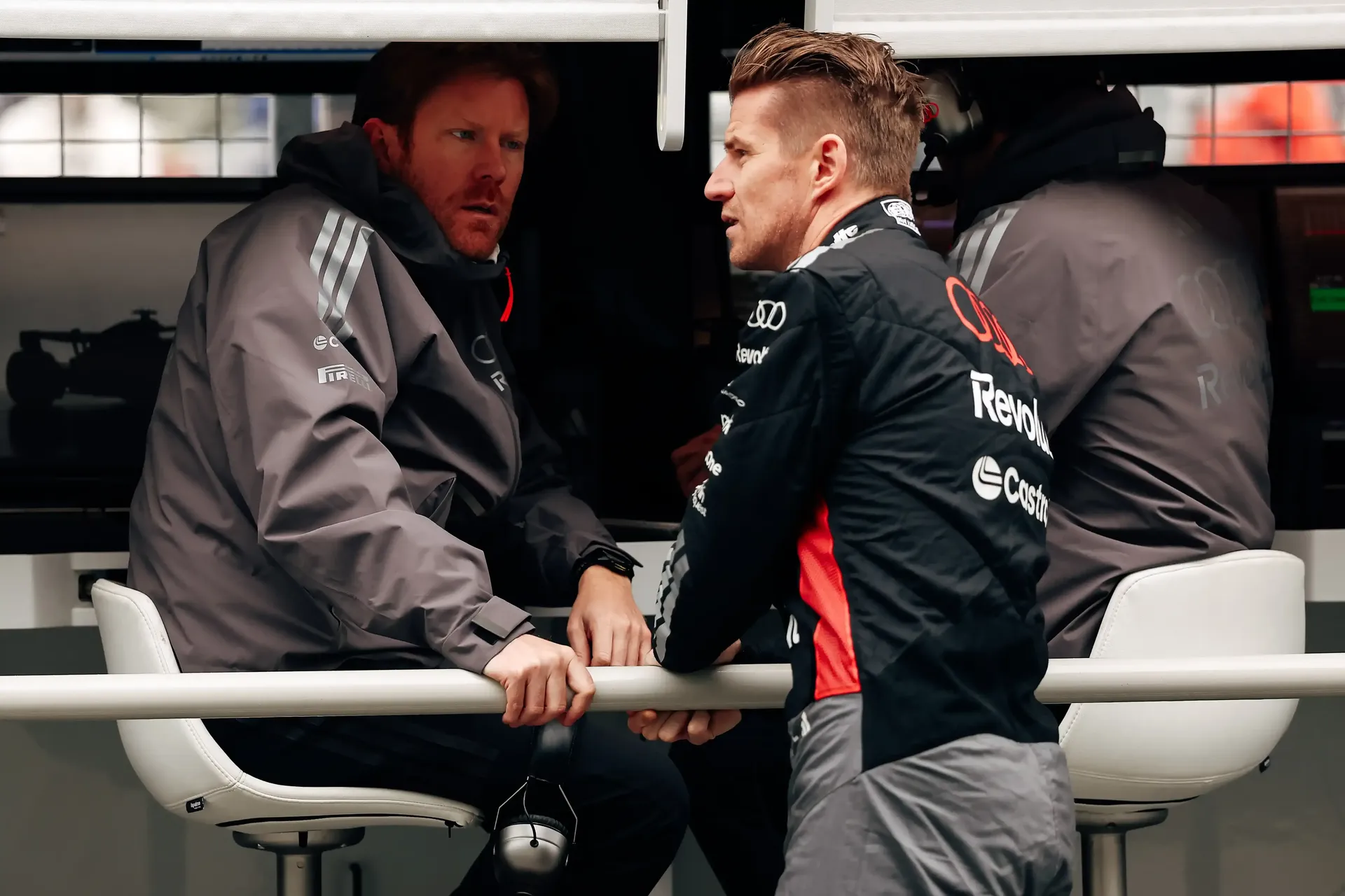 Nico Hulkenberg driver at the Audi Revolut F1® Team talking to crew engineer at the Canada Grand Prix 2026