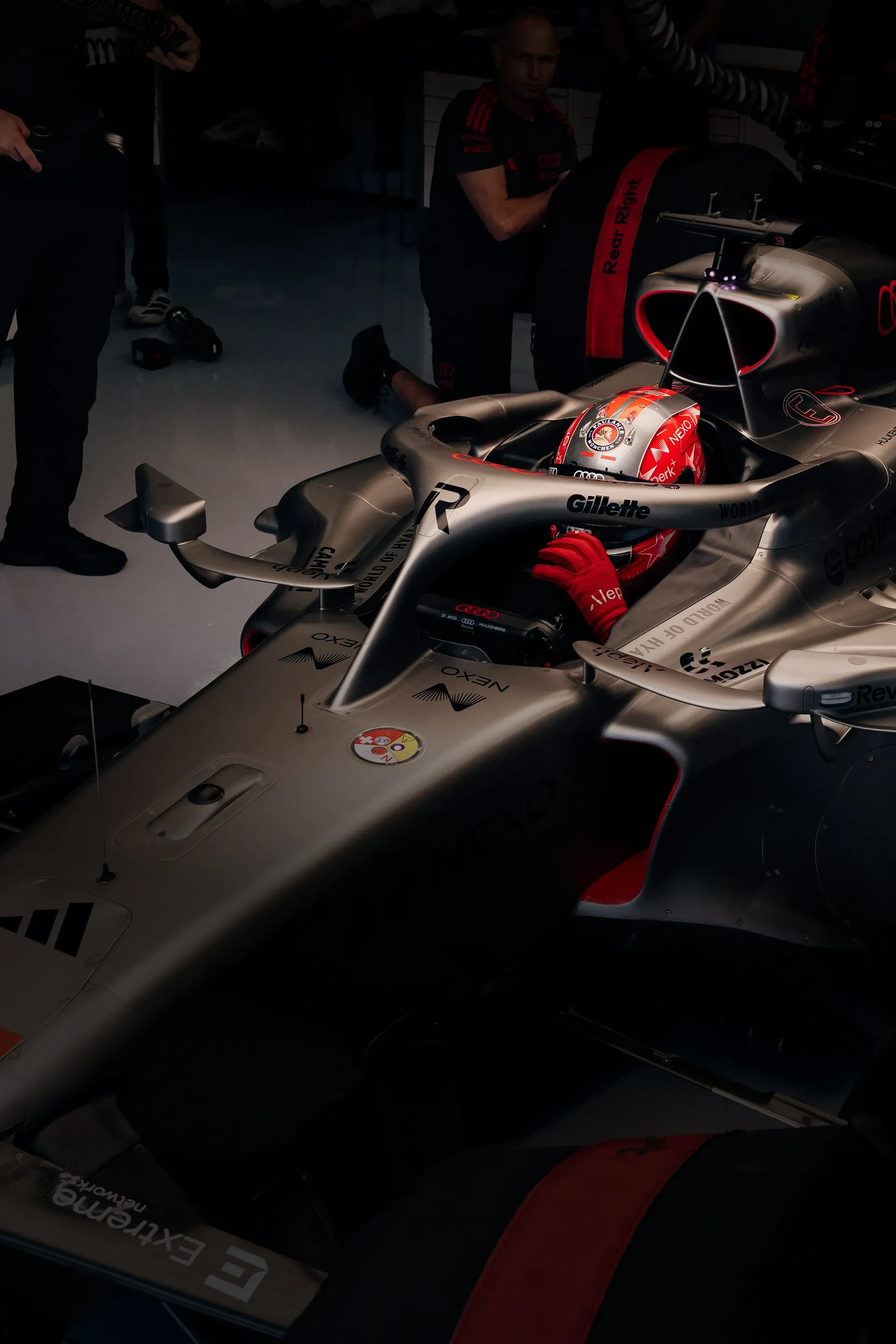 Audi Revolut F1® Team car Audi R26 inside the garage at the Hungarian GP 2026