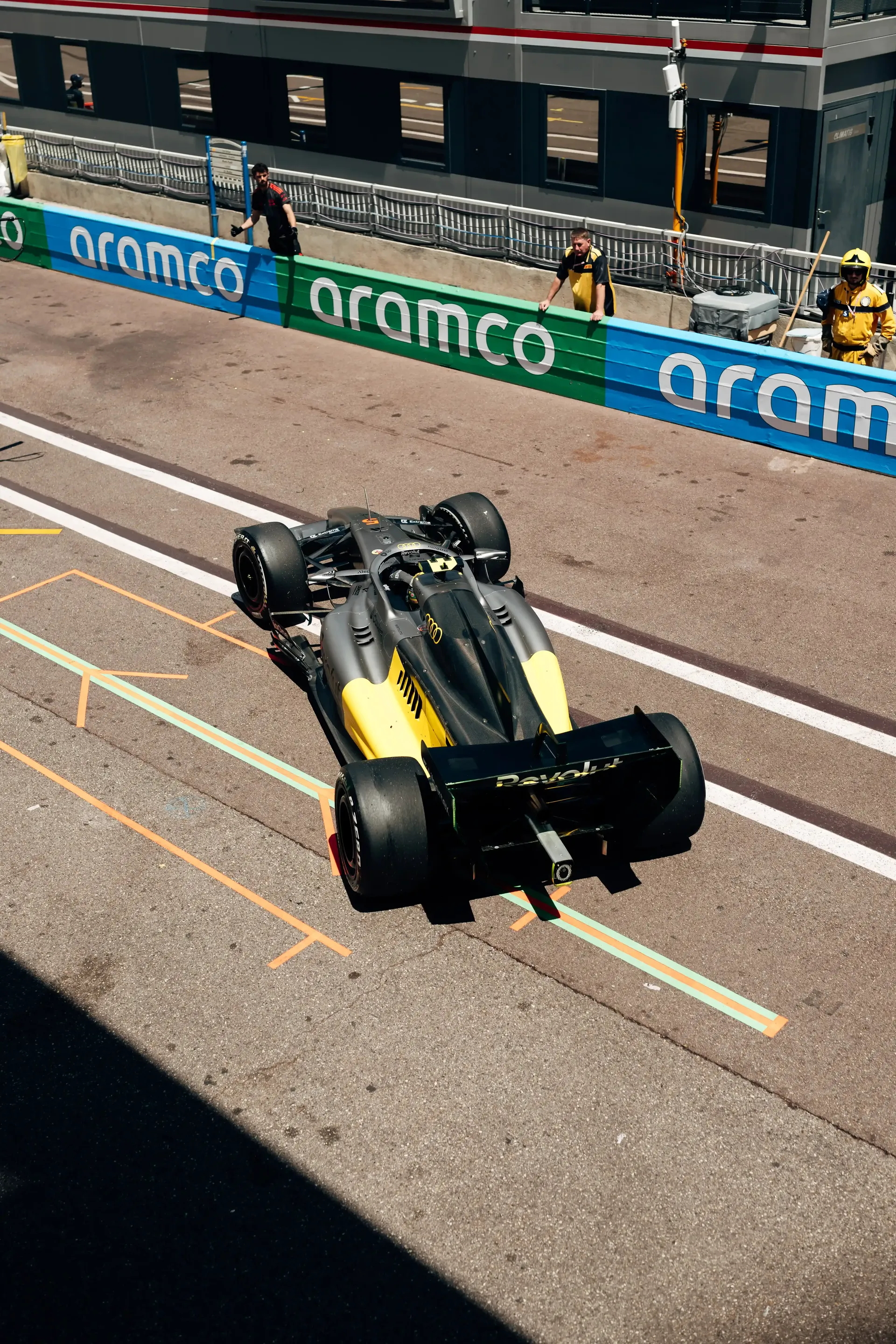 Audi Revolut F1® Team F1® car exits the pit lane during the first practice session in Monaco.