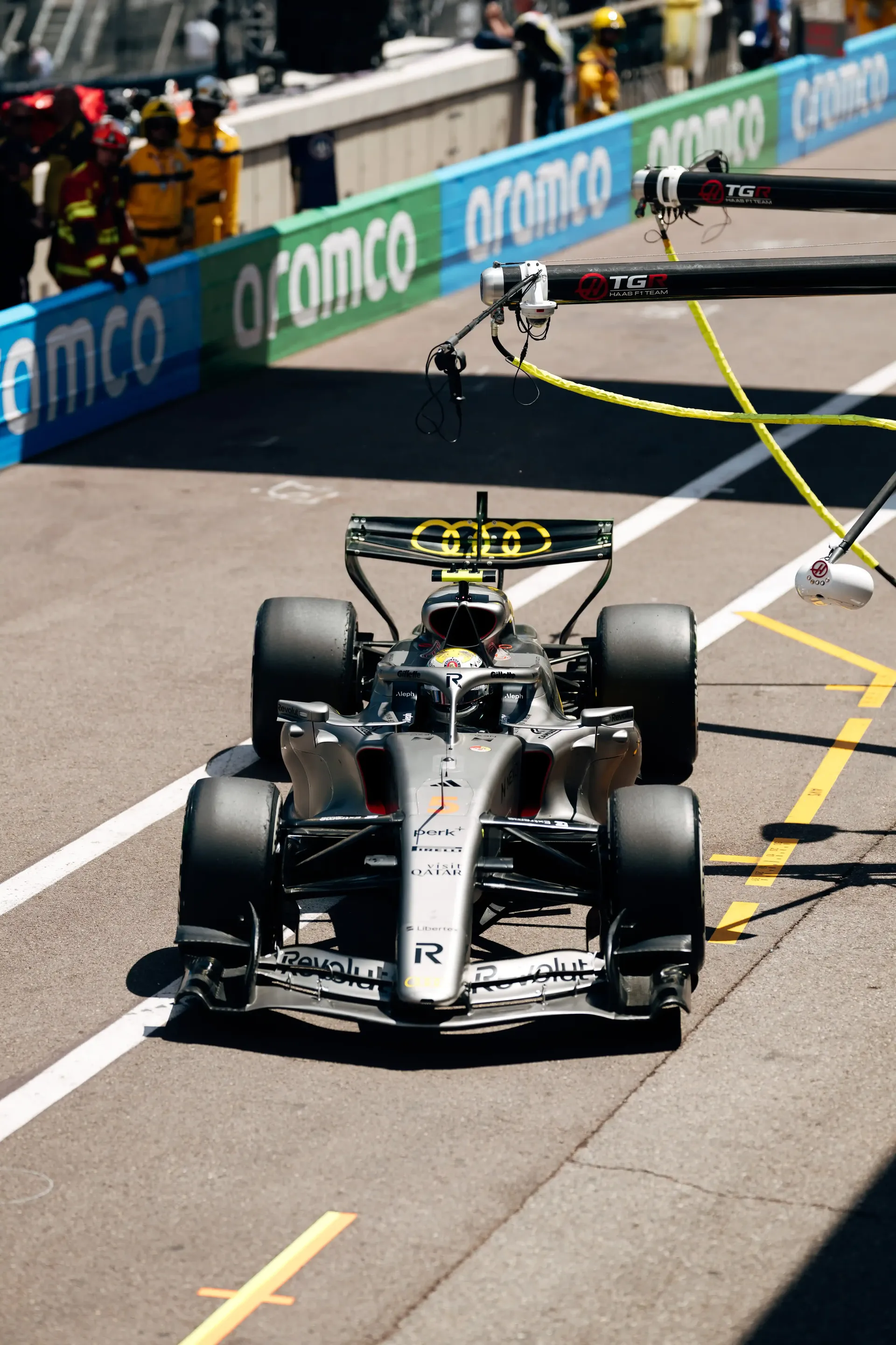 Audi Revolut F1® Team F1® car drives through the Monaco pit lane during FP1.