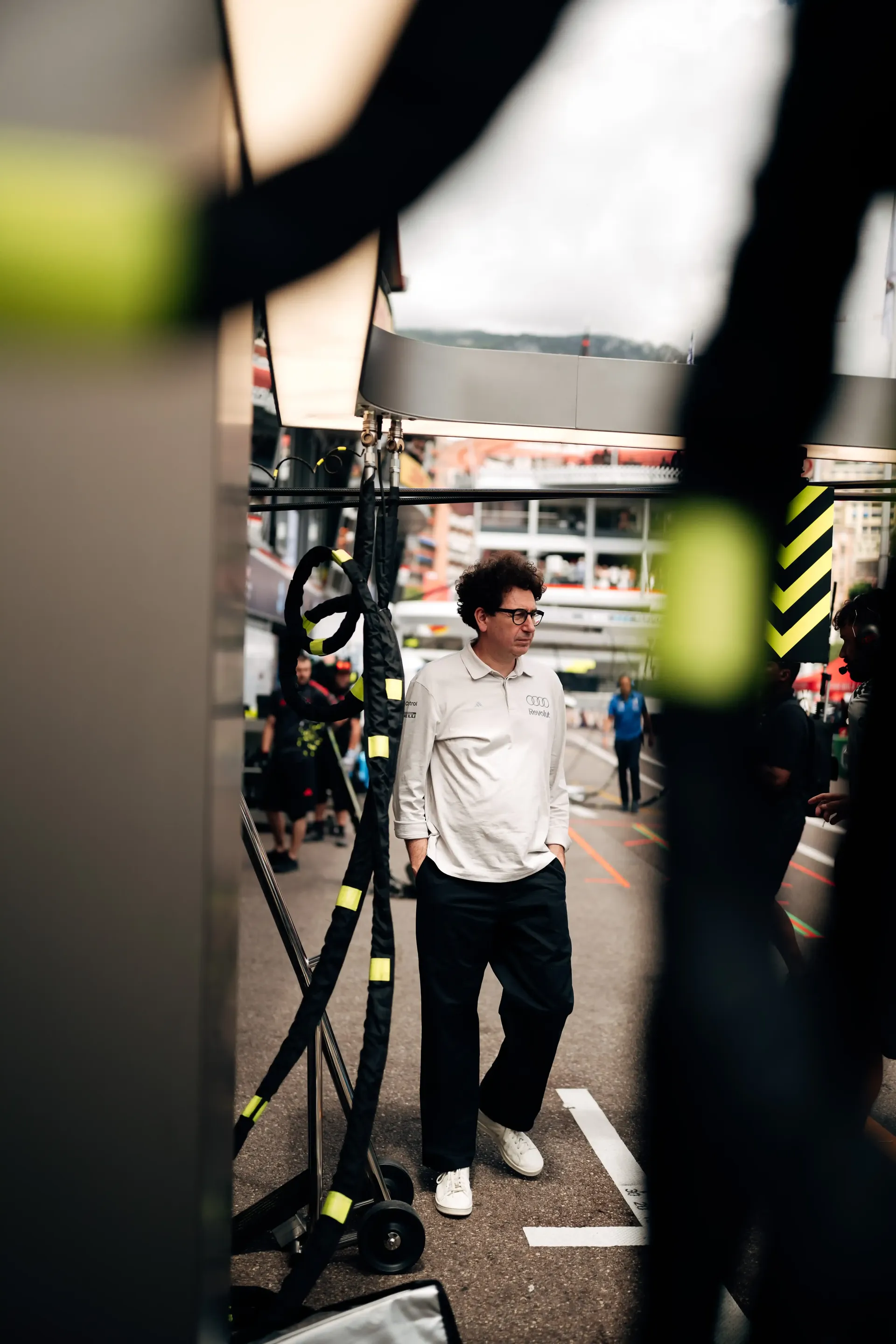 Audi Revolut F1® Team principal Mattia Binotto walks through the Monaco pit lane area between garage operations during FP1.
