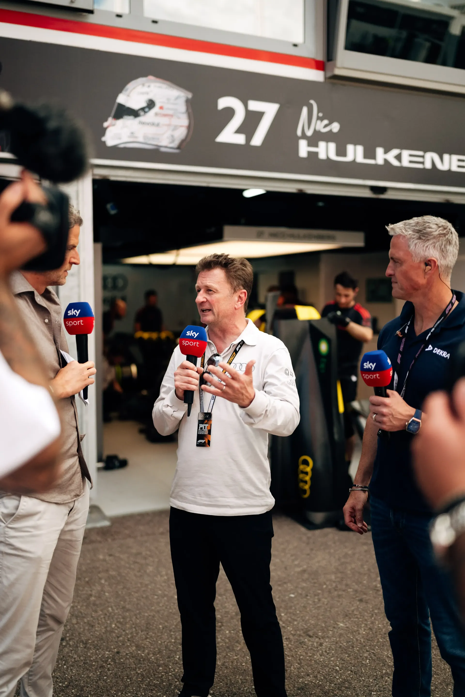 Audi Revolut F1® Team driving director Allan McNish gives a media interview in the Monaco paddock during FP1.