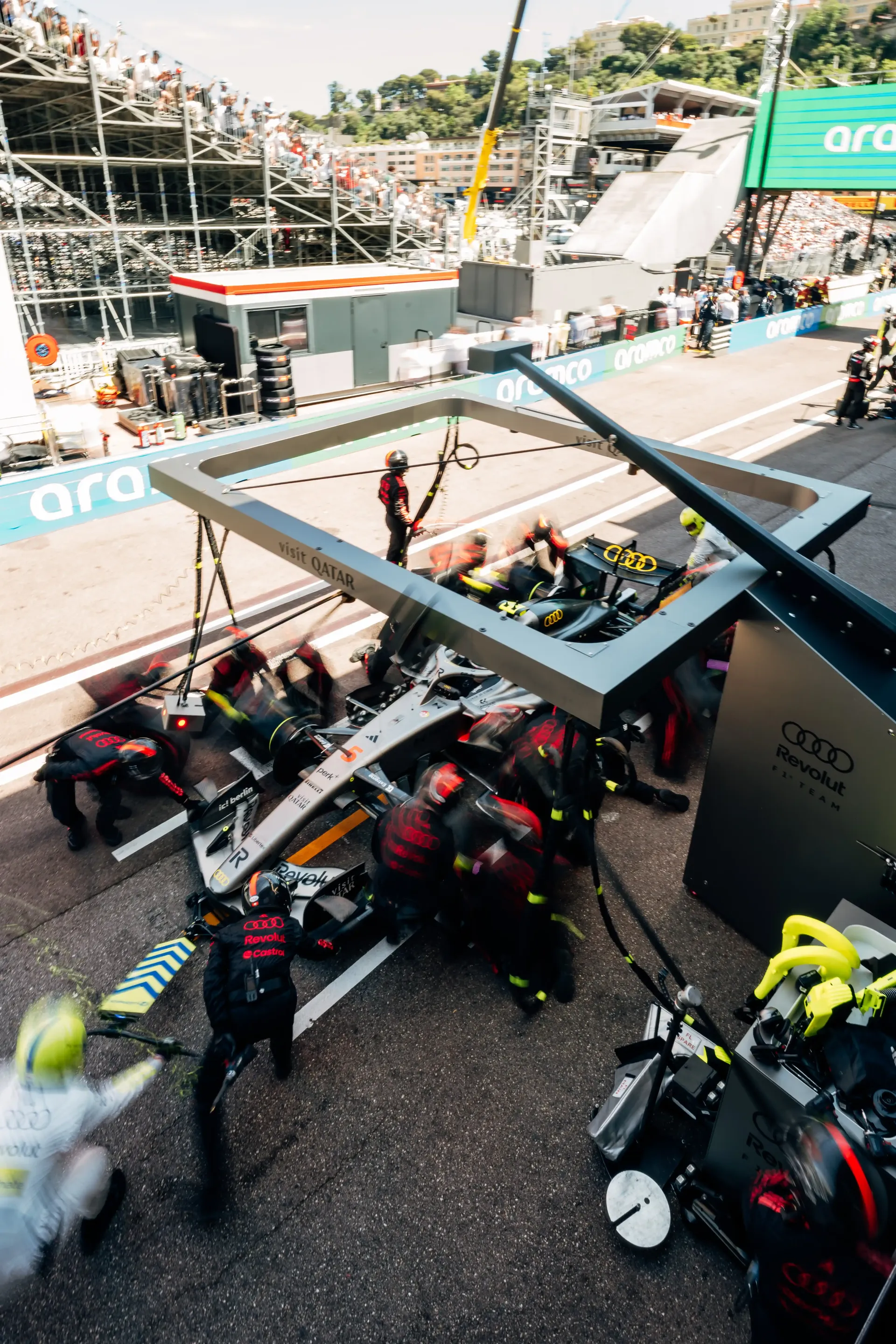 Overhead view of the Audi Revolut F1® Team pit wall and garage area during the Monaco Grand Prix.