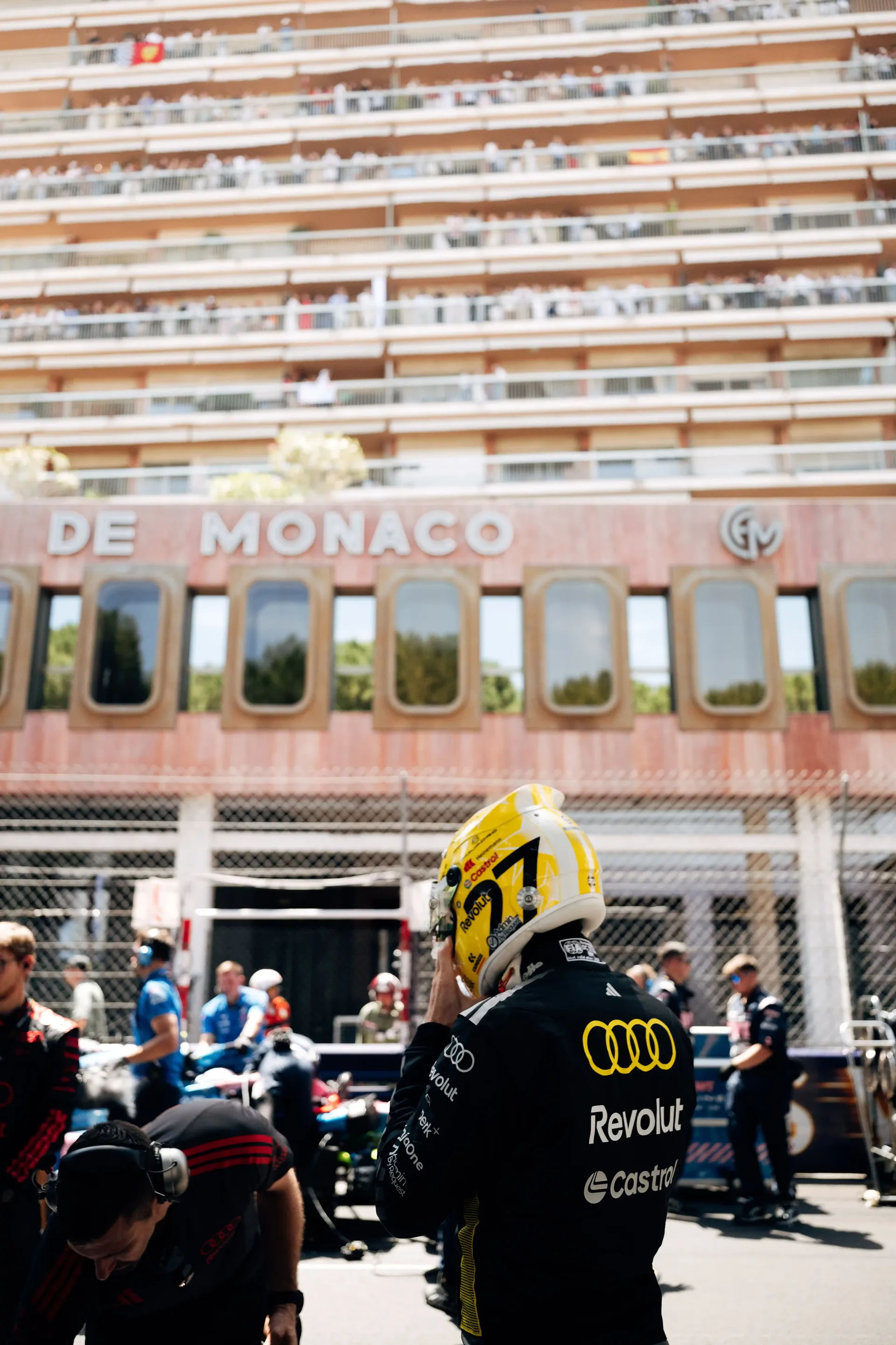 Audi Revolut F1® Team crew member overlooks the Monaco Grand Prix grid before the start.