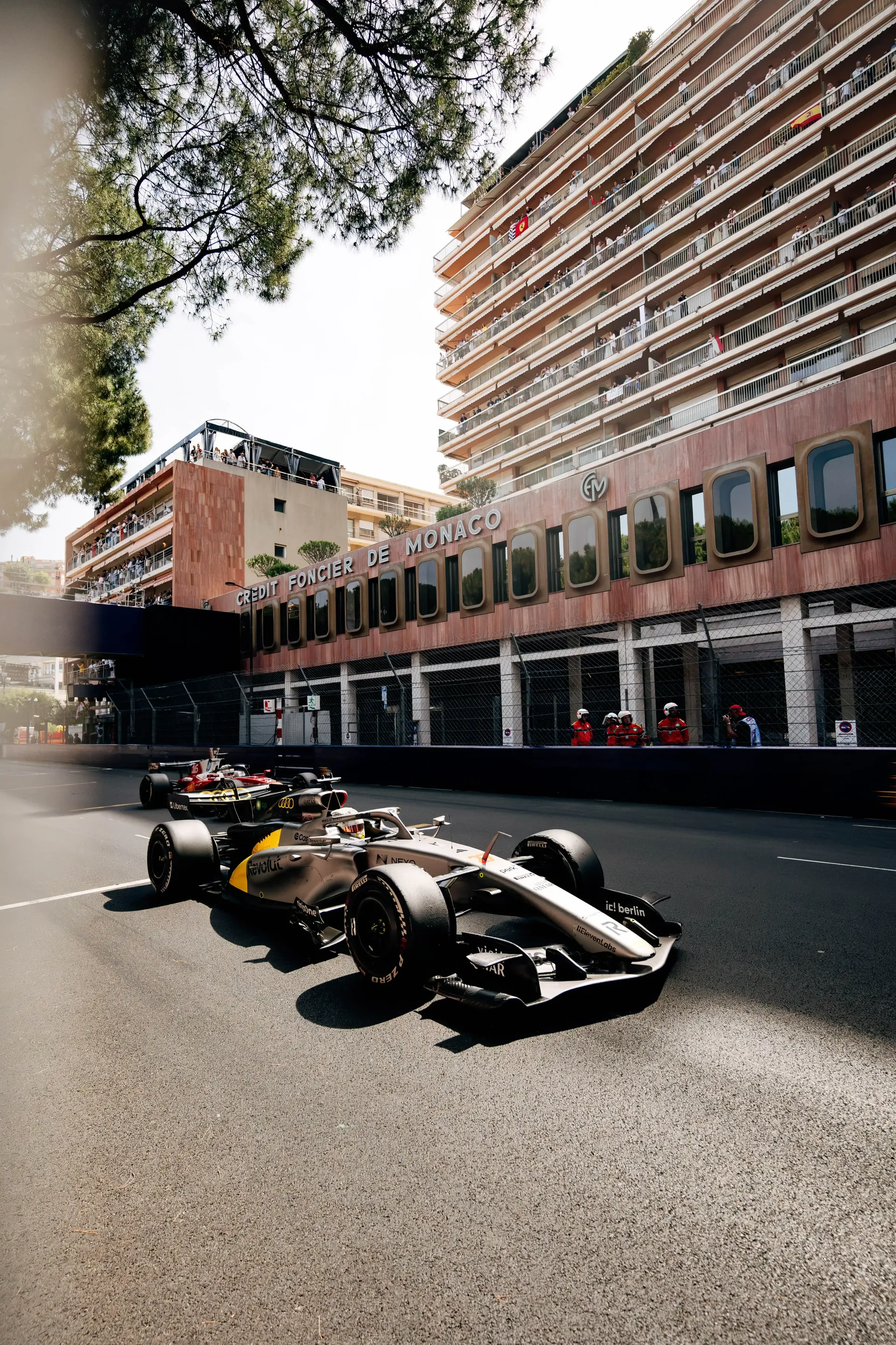 Side view of the Audi Revolut F1® Team car R26 at the Monaco Grand Prix 2026 on the race track.