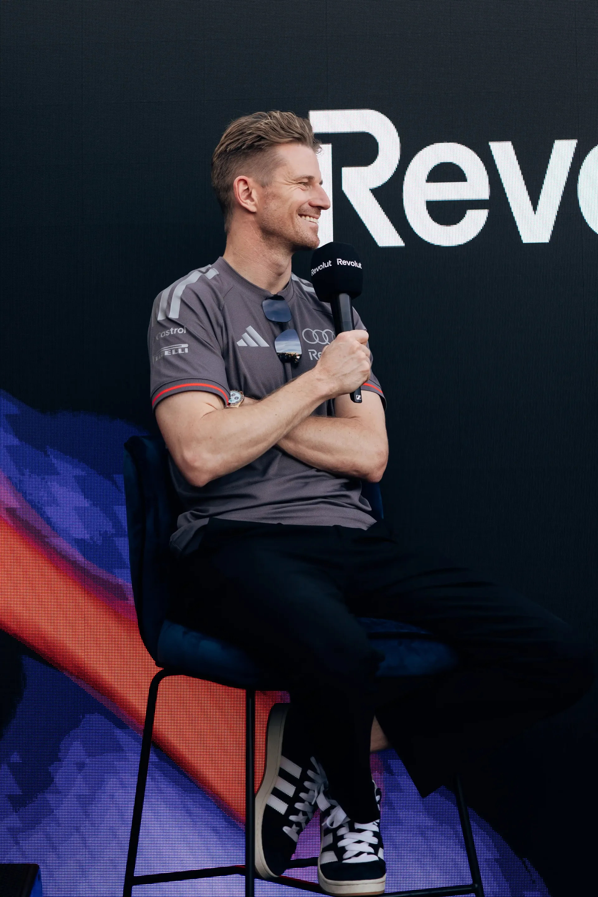 Nico Hulkenberg, Audi Revolut F1® Team driver, speaks on stage during an event at the Revolut Apartment in Monaco.