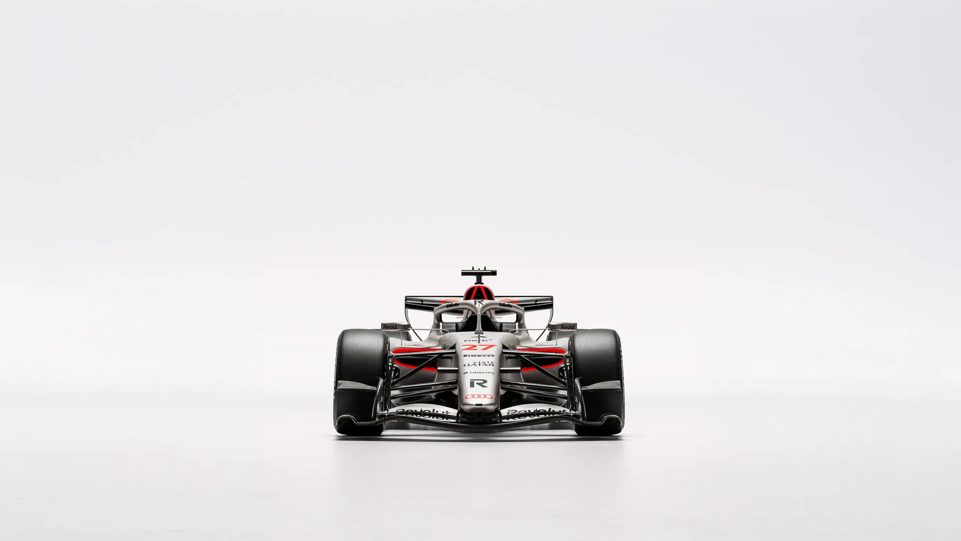 Front view of the Audi Revolute F1 Team R26 car in studio