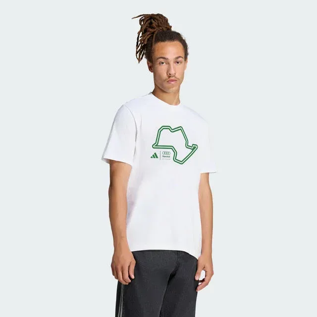 Model in a white T-shirt with a green outline graphic, adidas x Audi Revolut F1® Team Sampa Soul collection