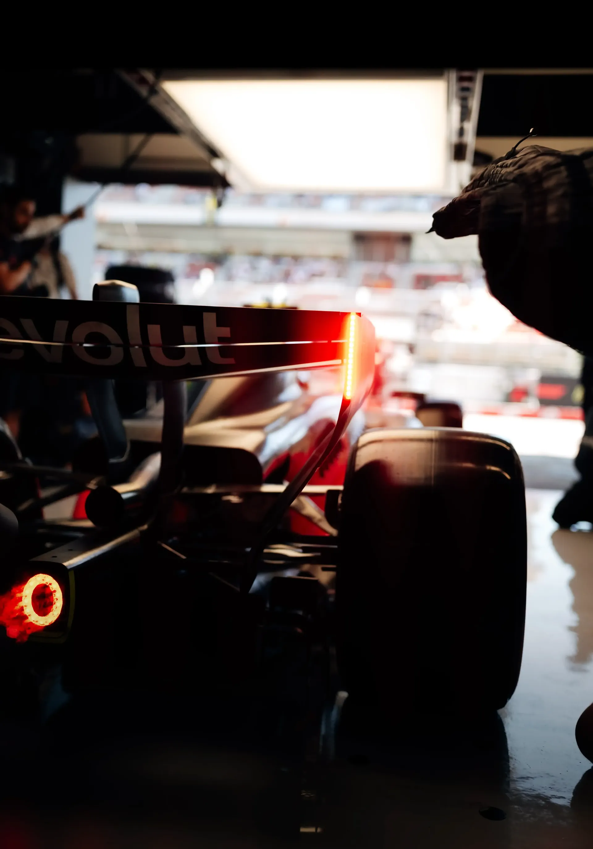 Rear view of the Audi Revolut F1® Team car R26 inside the garage