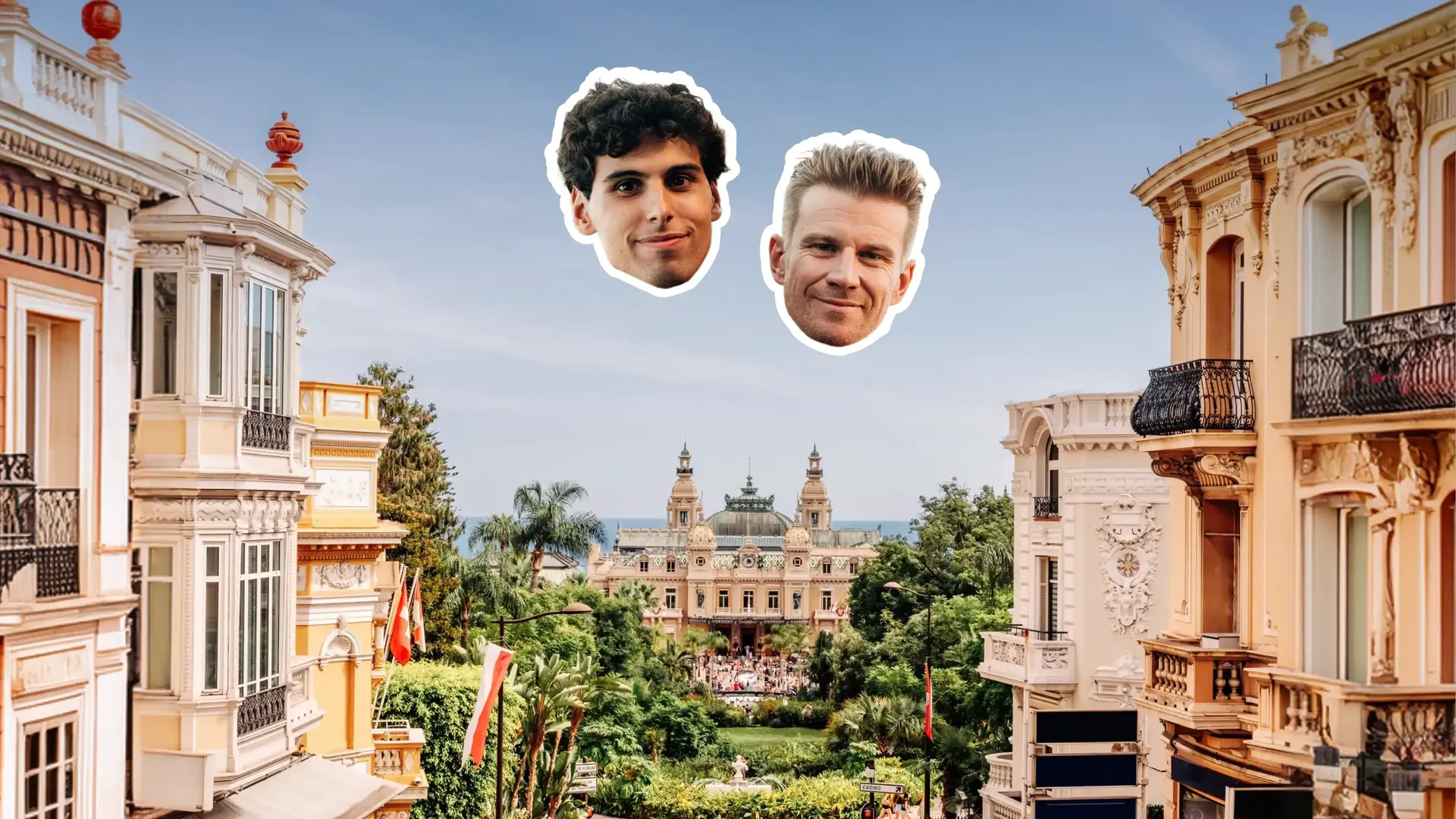 GABICO teaser featuring cutout collage heads of Nico and Gabi in the foreground, set against the iconic Casino Square in Monaco in the background