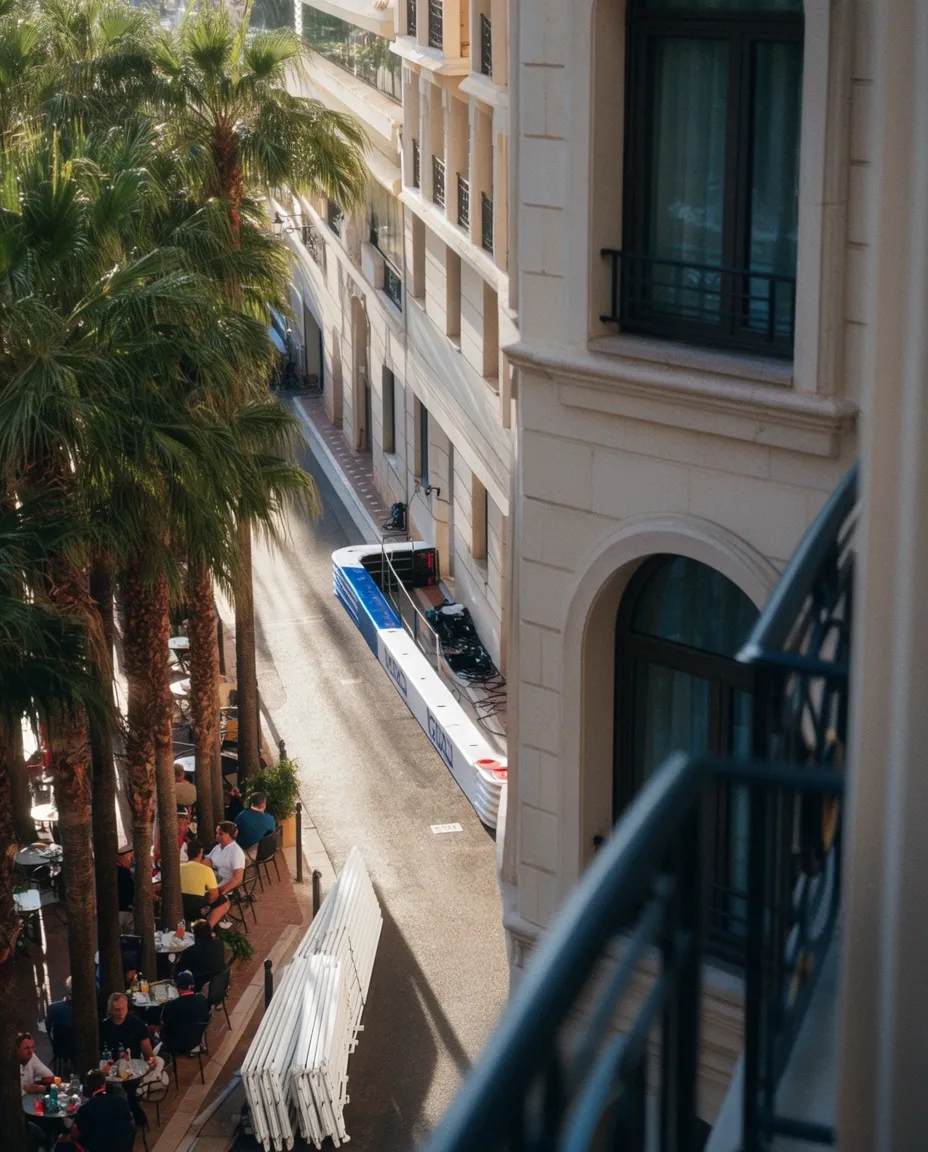 Balcony view overlooking a palm-lined Monaco street and elegant facades.