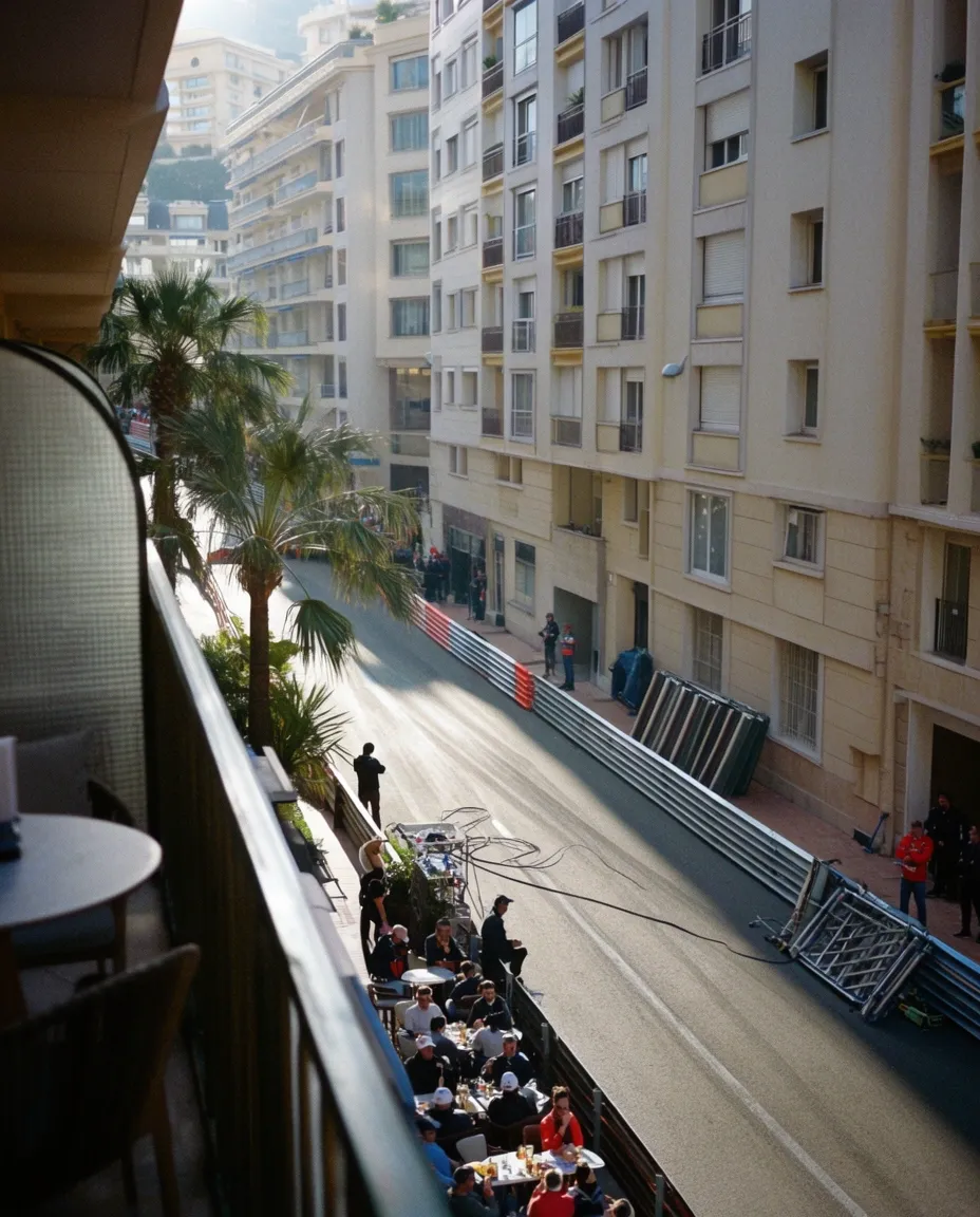 High-angle perspective of a Monaco avenue running between residential buildings.