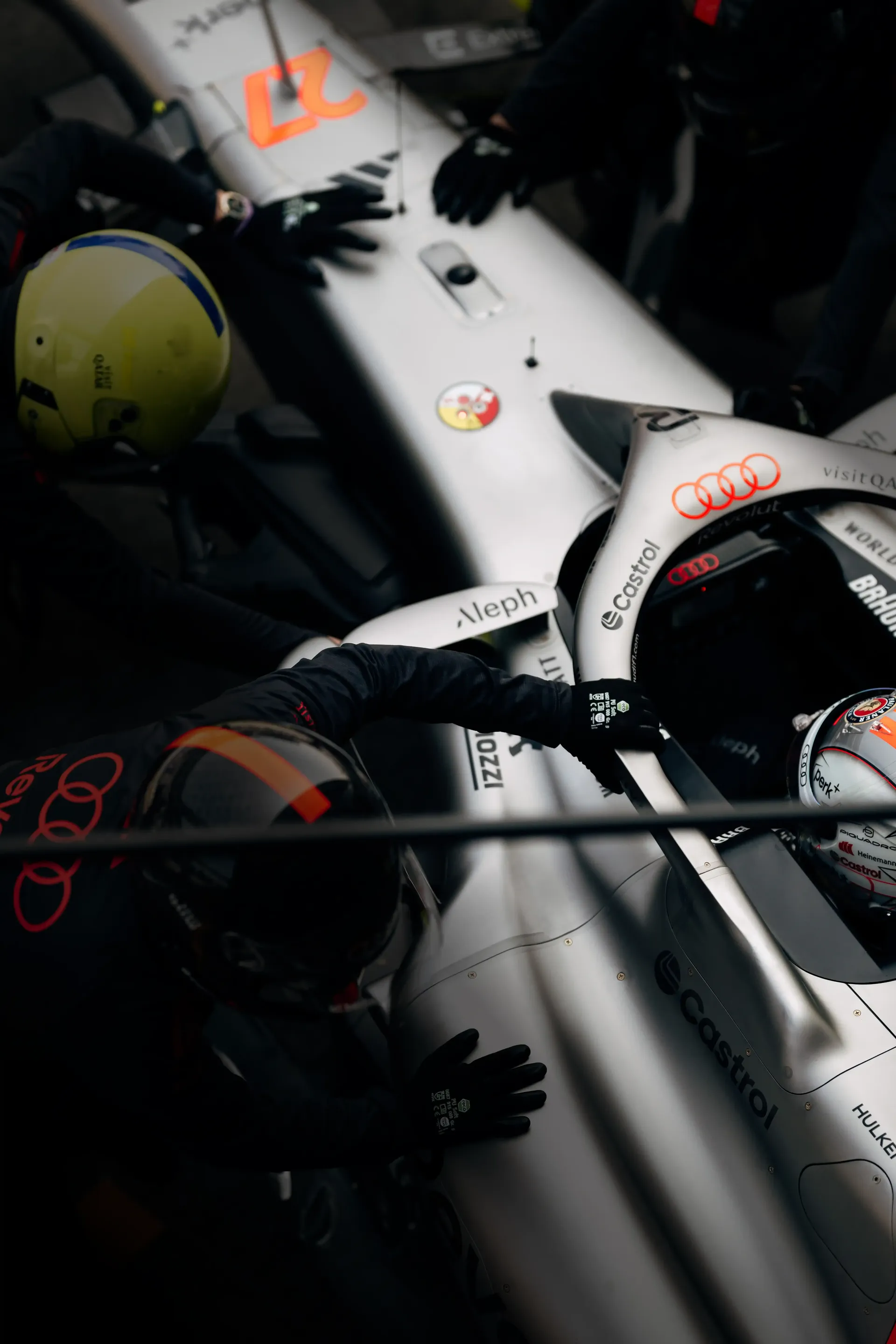 Top Shot of Audi Revolut F1® Team Pit stop crew action at the Barcelona Grand Prix 2026