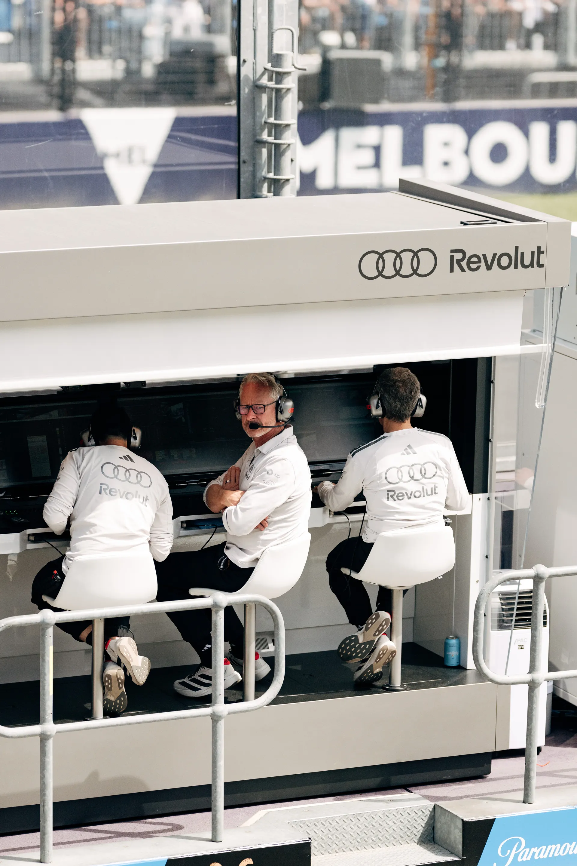 Audi Revolut F1® Team engineers sit on the pit wall monitoring data and track action during the Melbourne session.